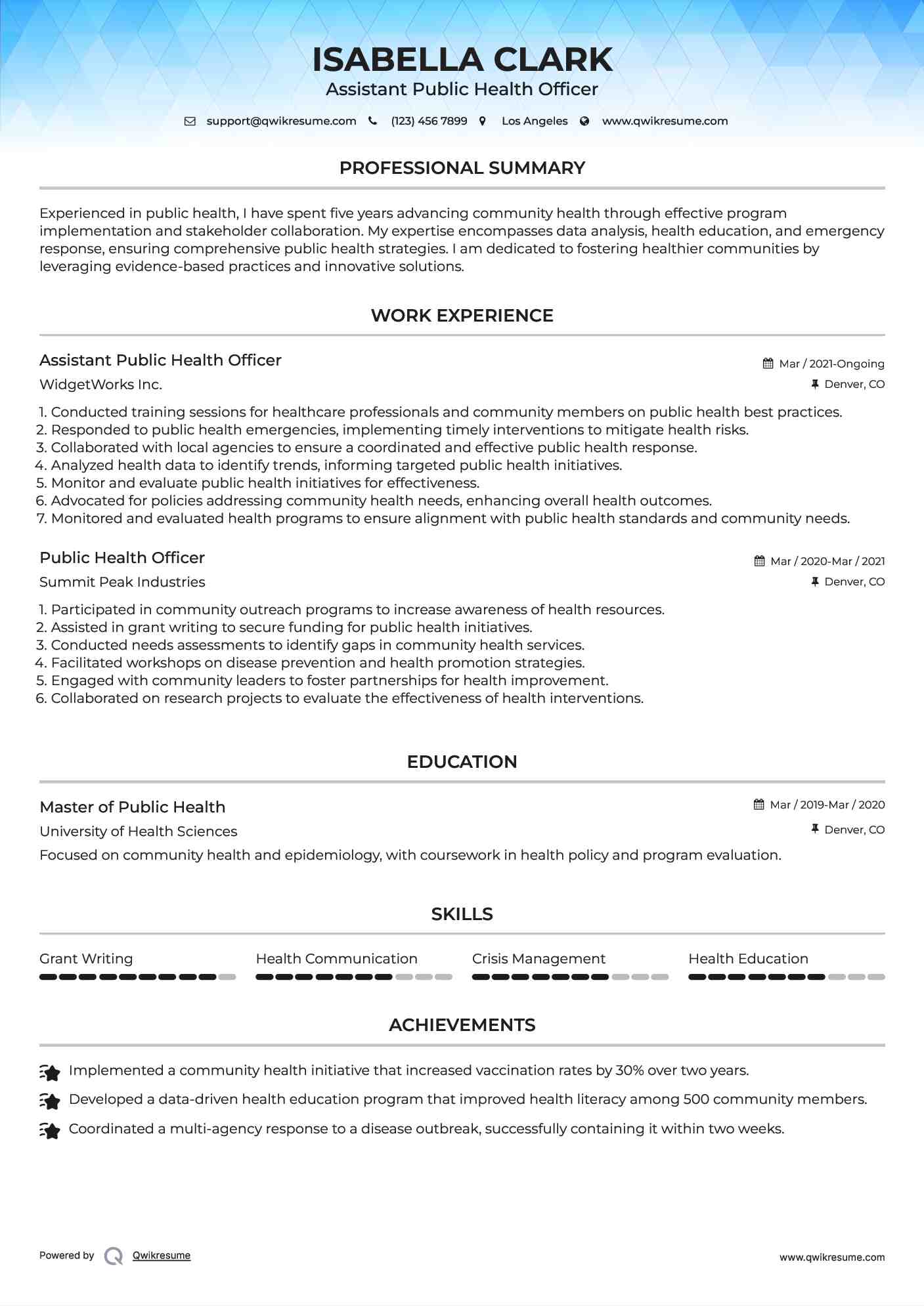 Assistant Public Health Officer Resume Format