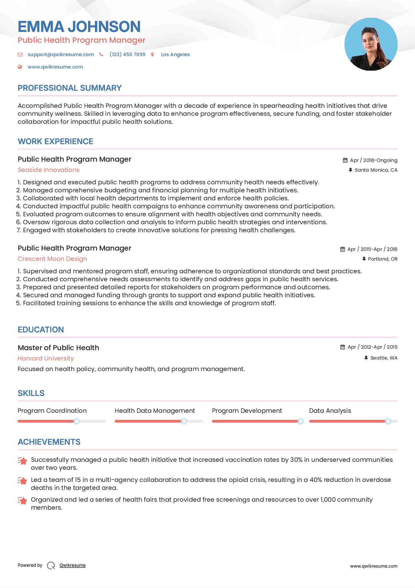 Public Health Program Manager Resume Example
