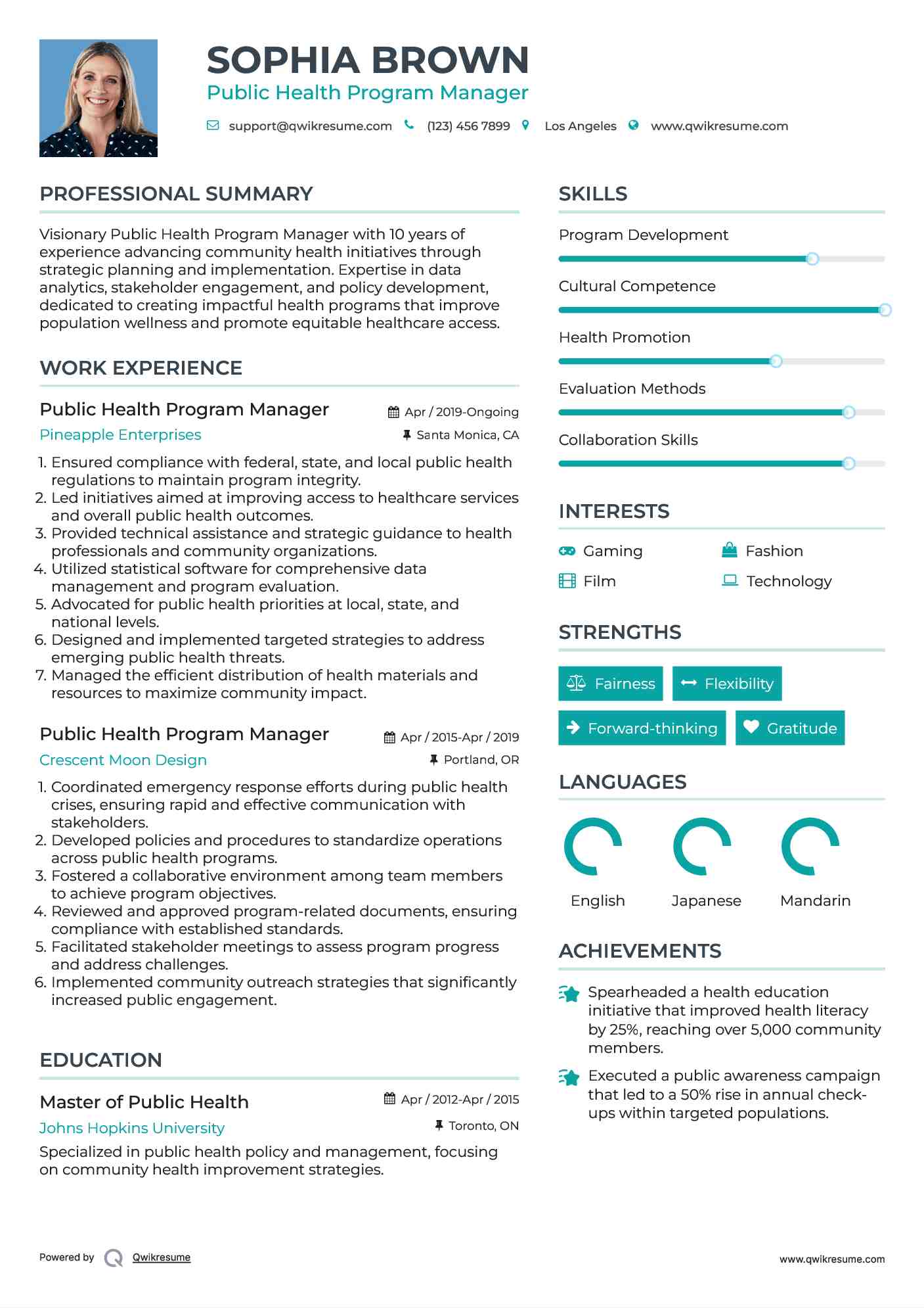 Public Health Program Manager Resume Example