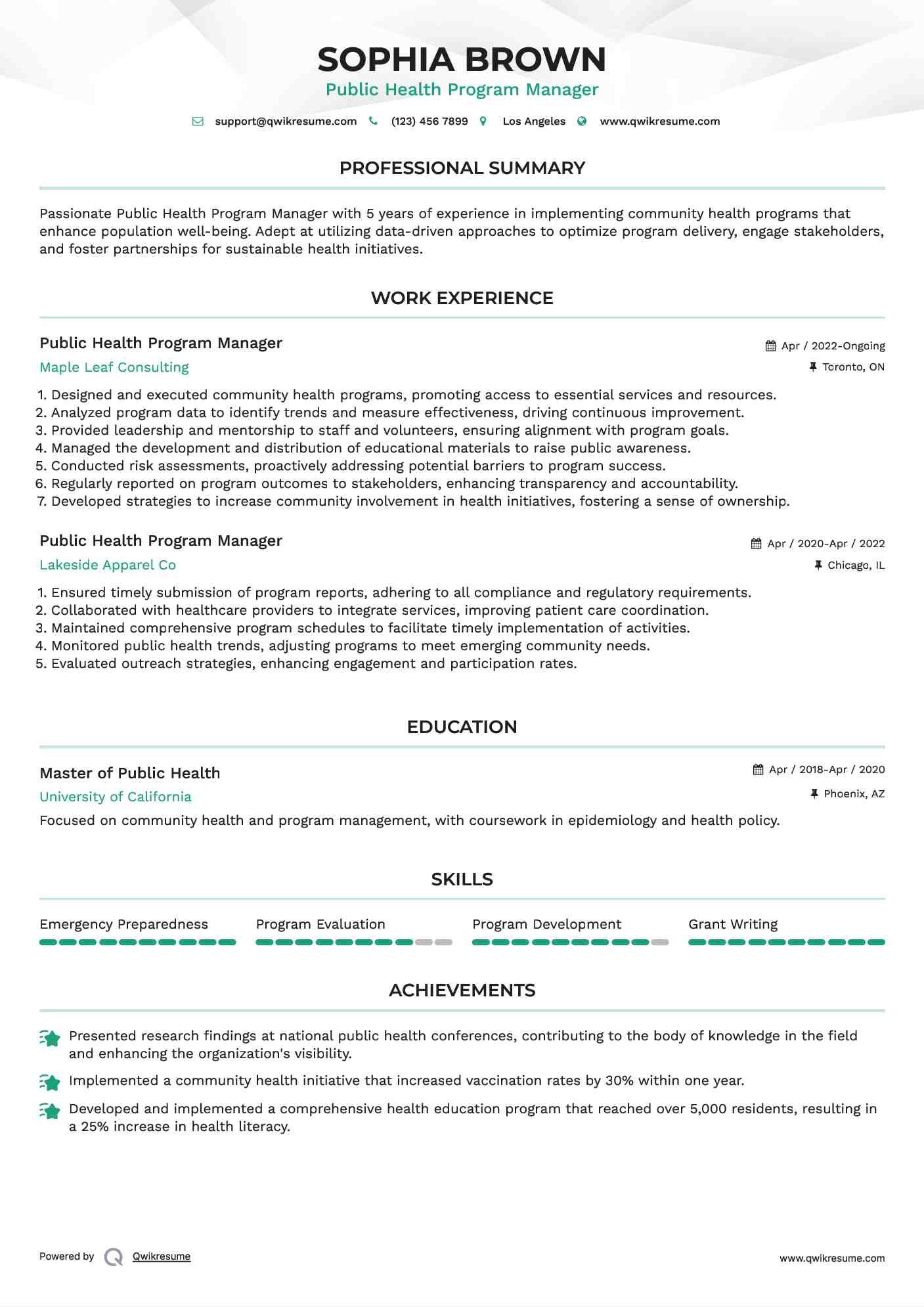 Public Health Program Manager Resume Sample