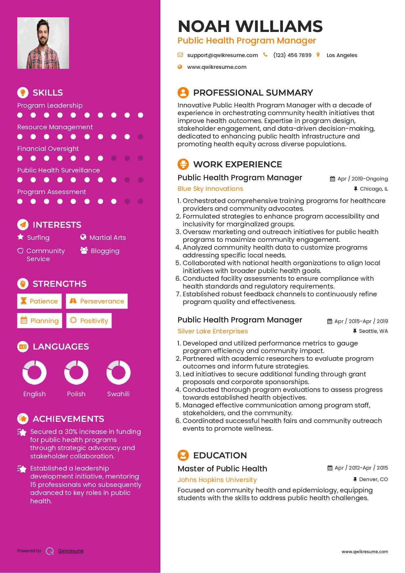 Public Health Program Manager Resume Sample