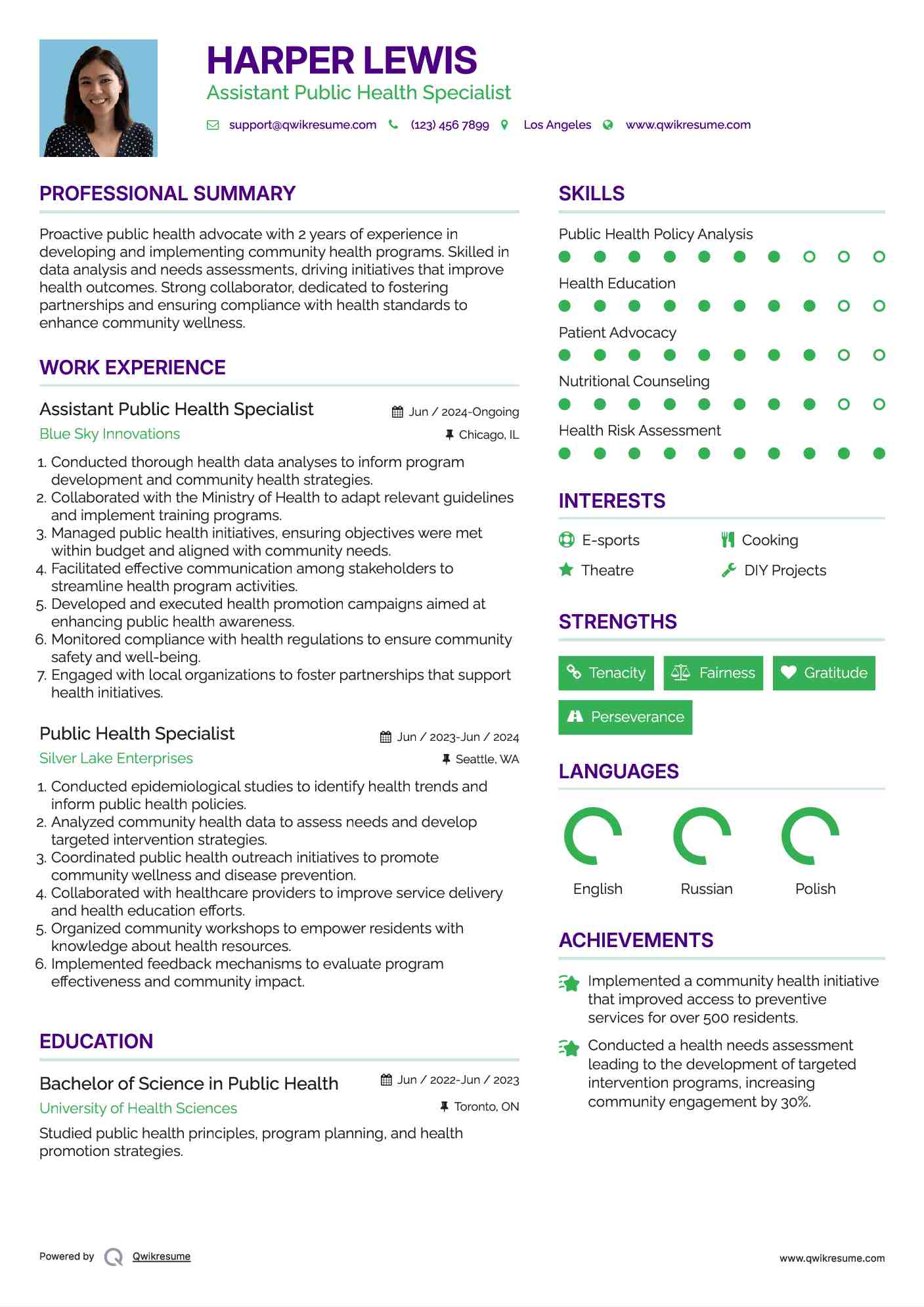 Assistant Public Health Specialist Resume Template