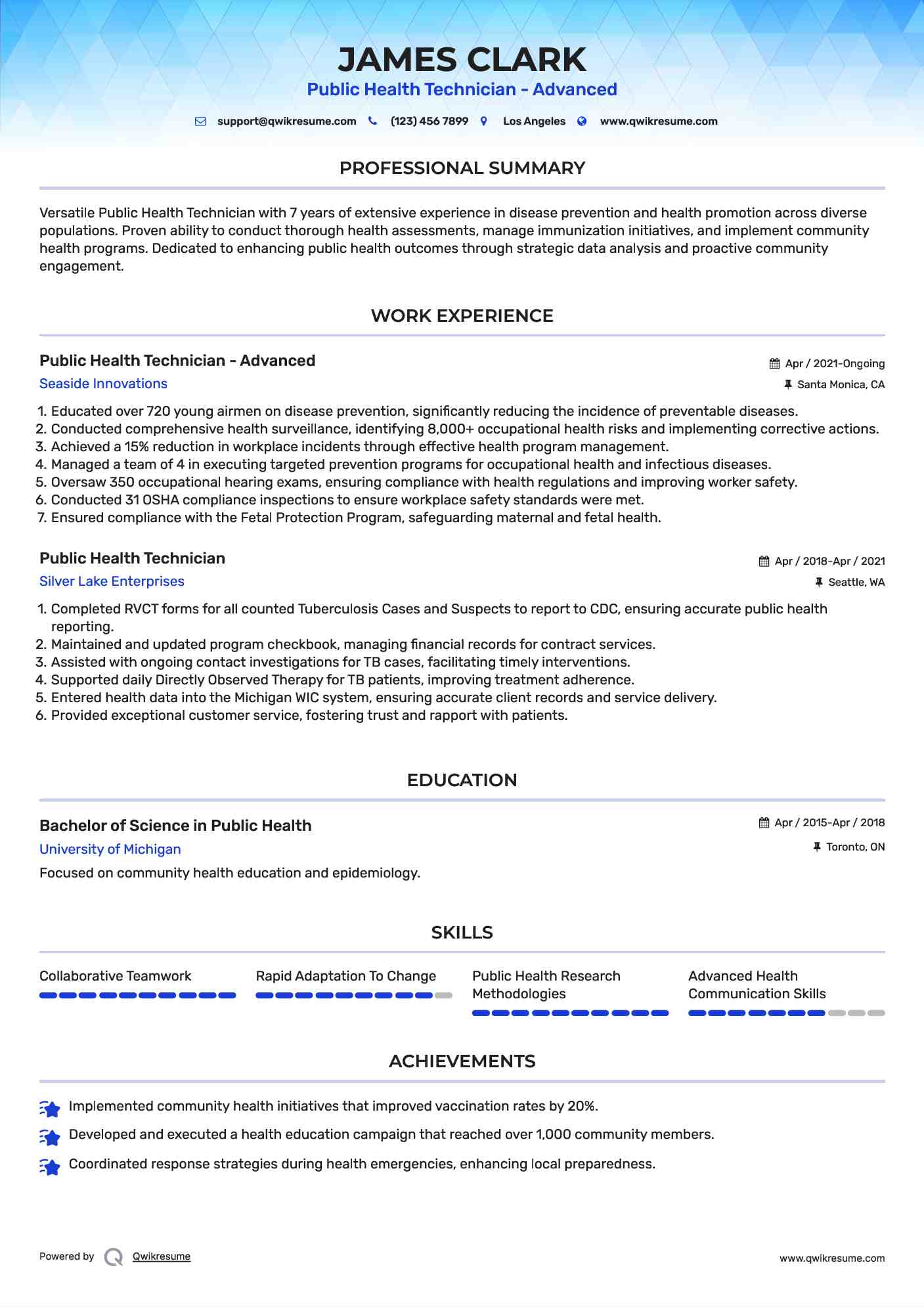 Public Health Technician - Advanced Resume Template