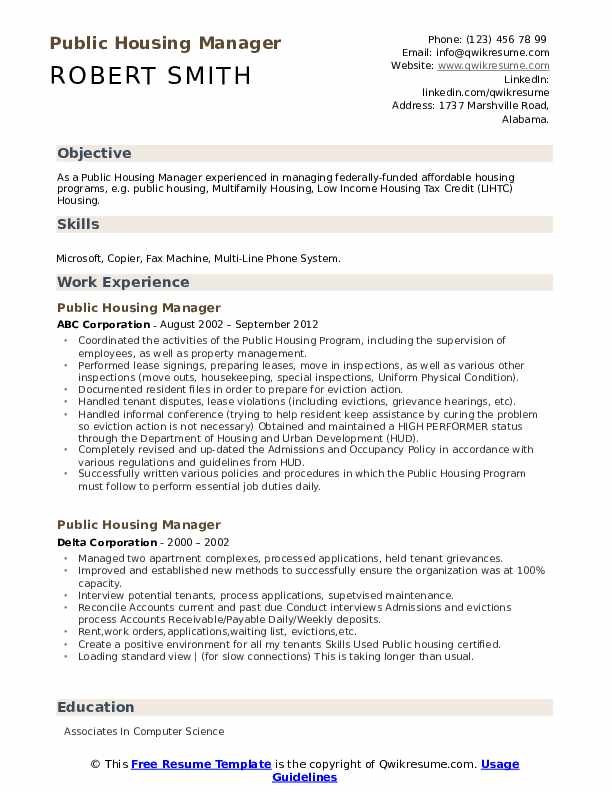 Housing Manager Job Description For Resume