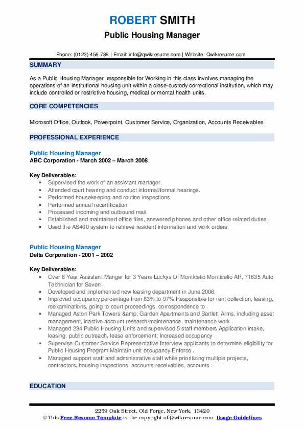 Public Housing Manager Resume Samples QwikResume