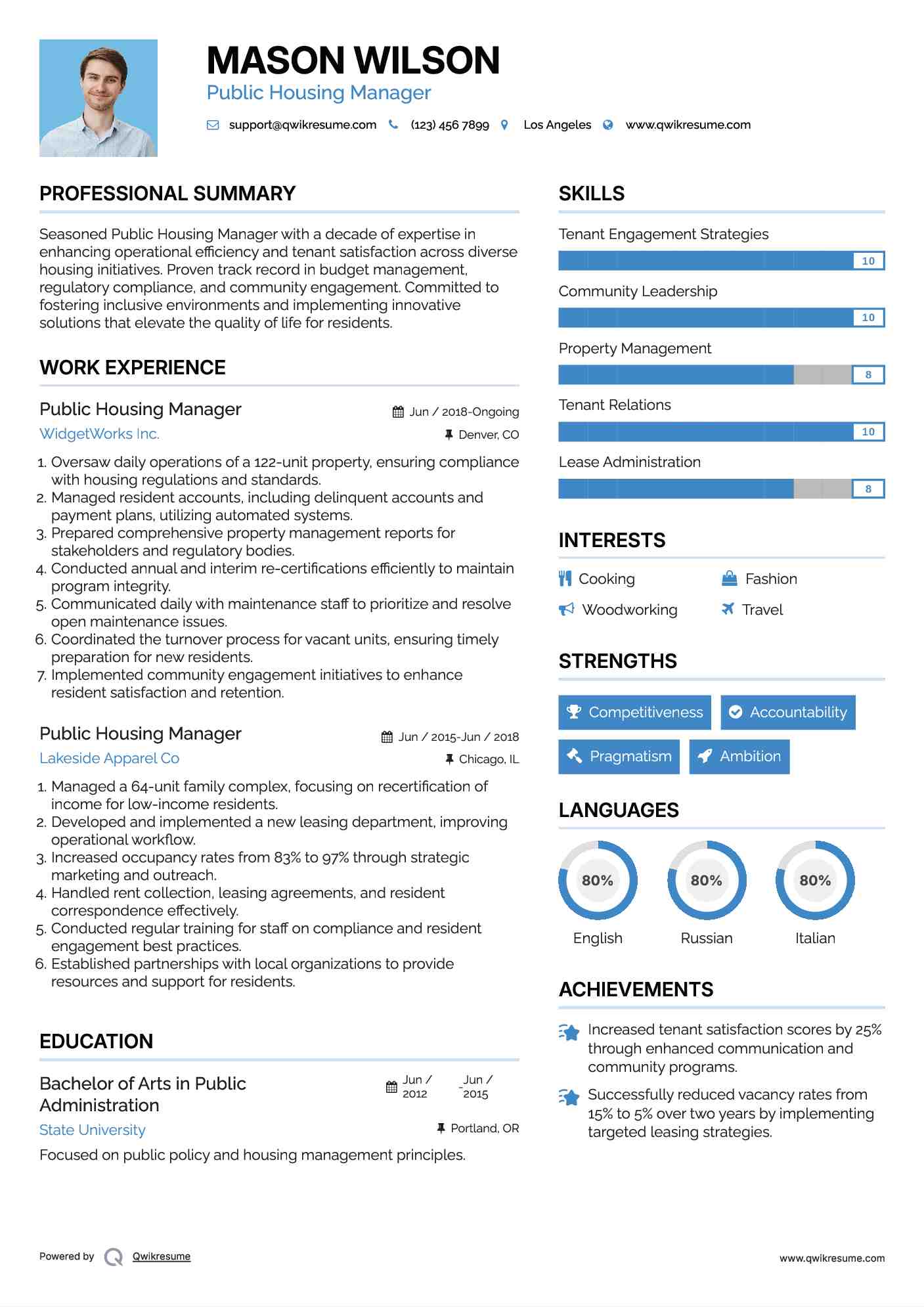 Public Housing Manager Resume Sample