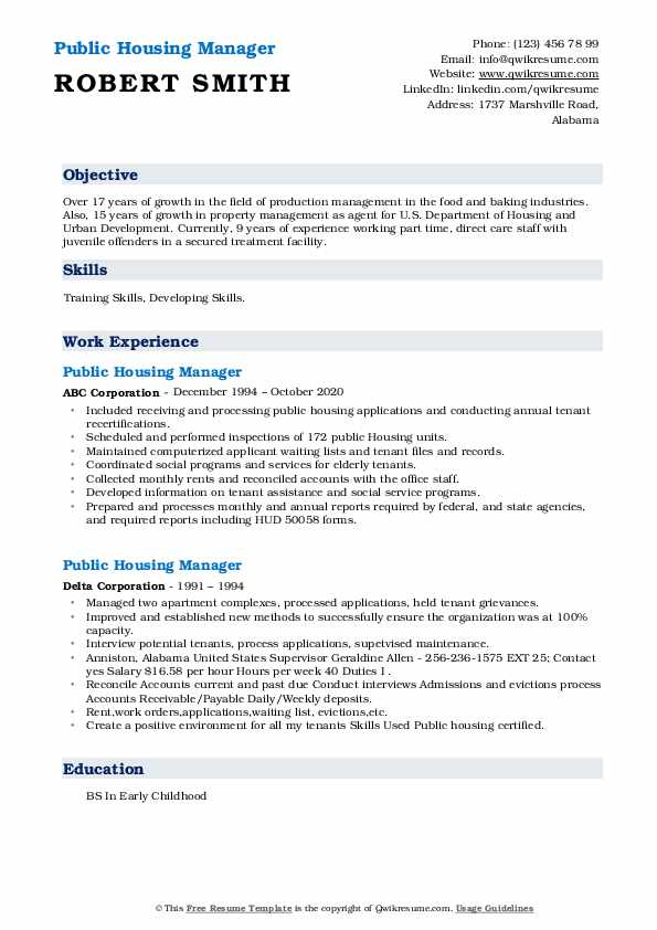 Public Housing Manager Resume Samples QwikResume