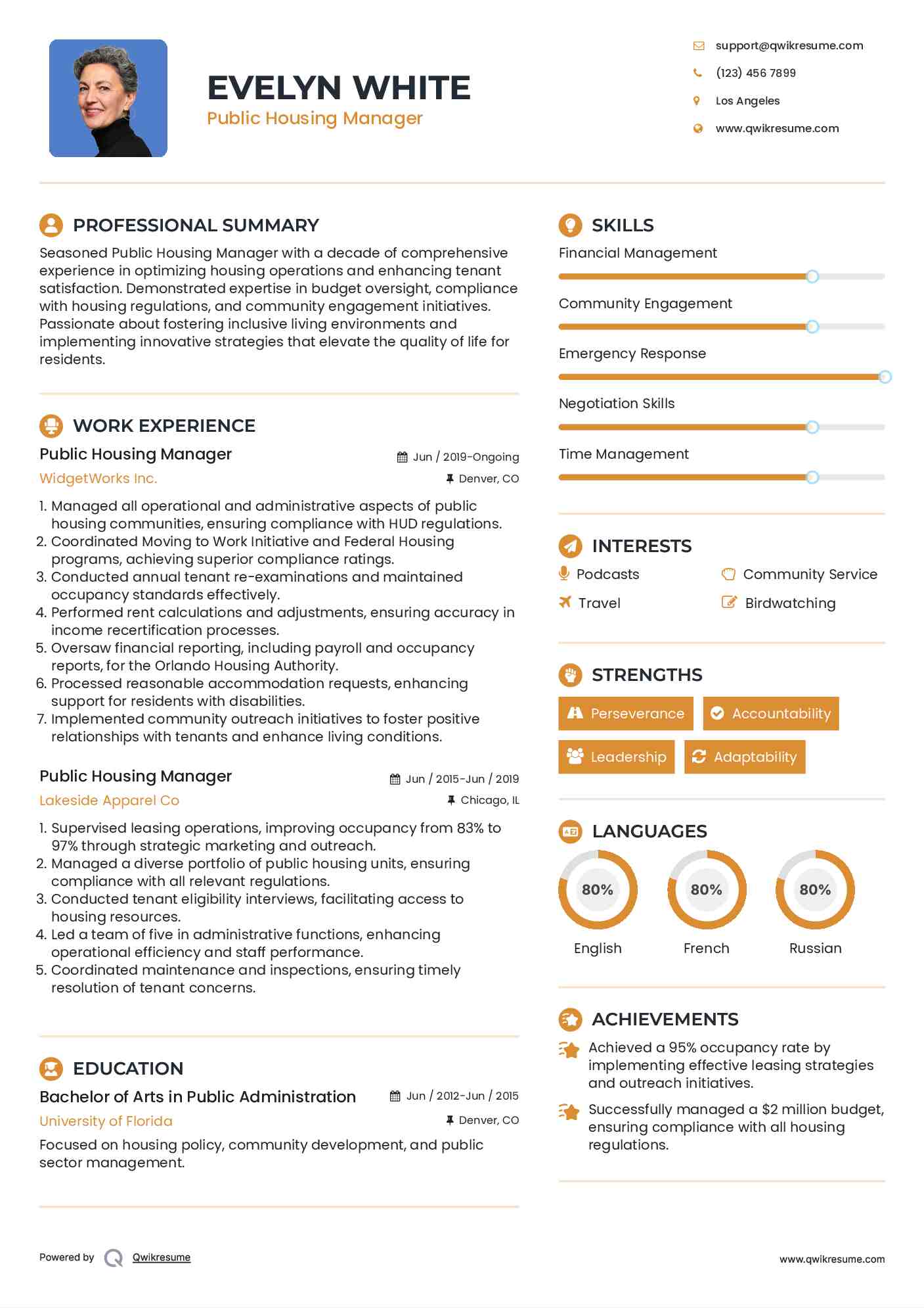 Public Housing Manager Resume Model