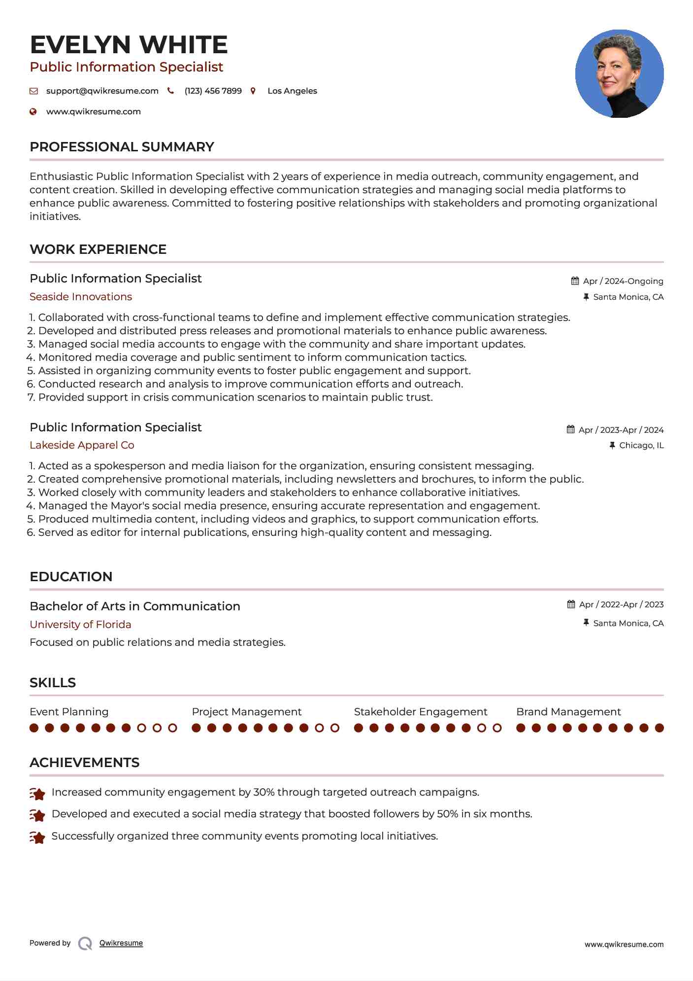 Public Information Specialist Resume Format