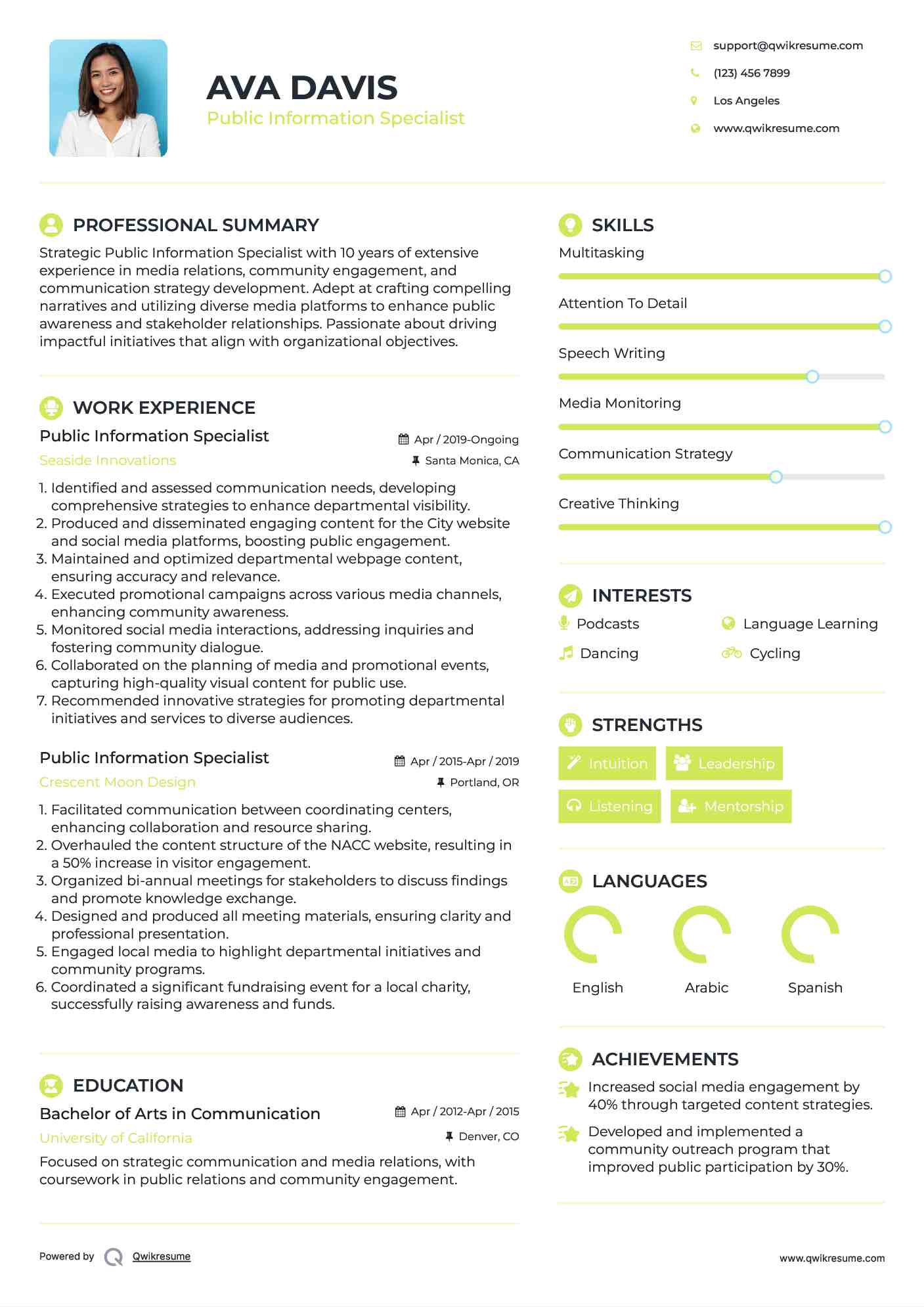 Public Information Specialist Resume Sample