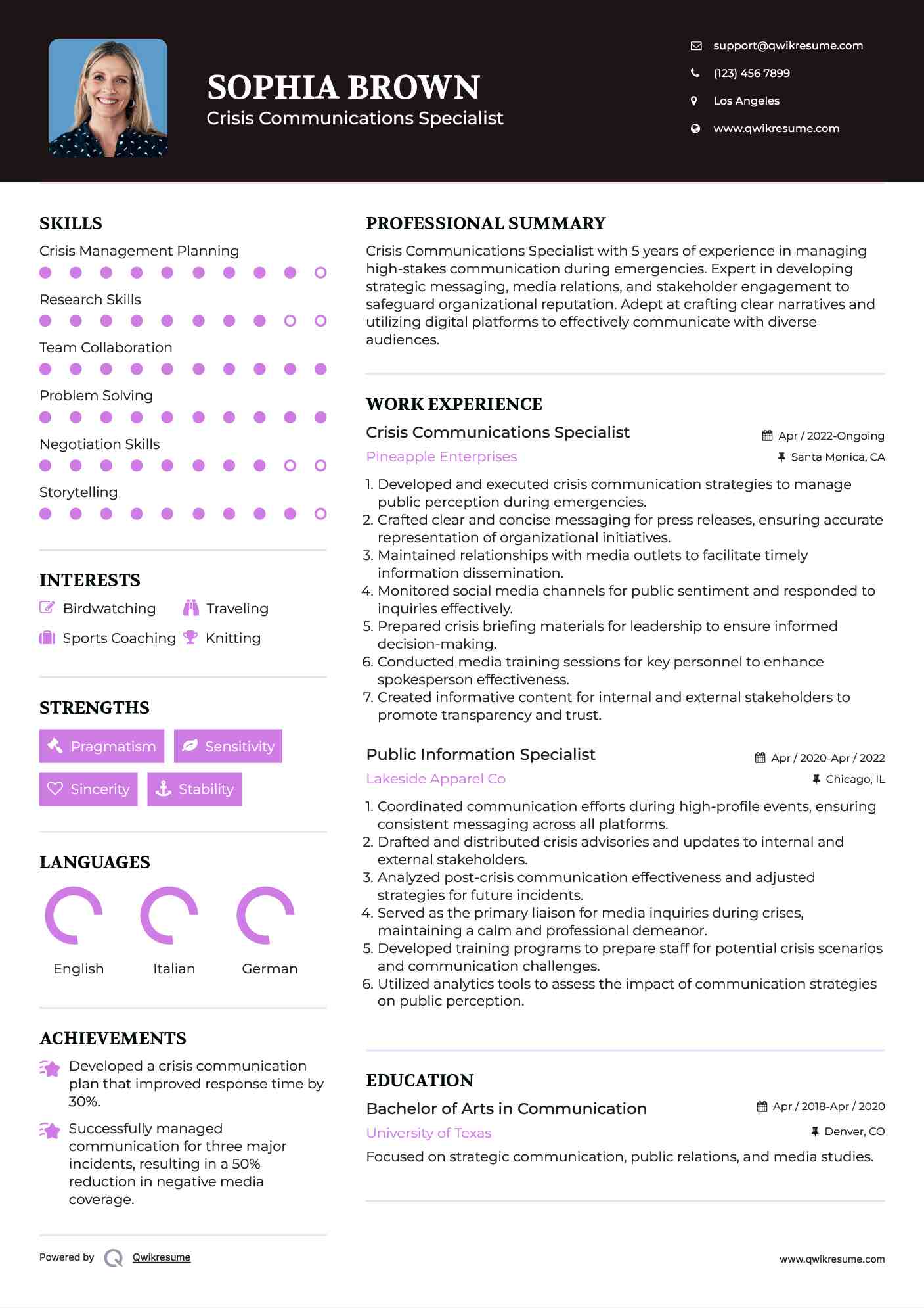 Crisis Communications Specialist Resume Sample