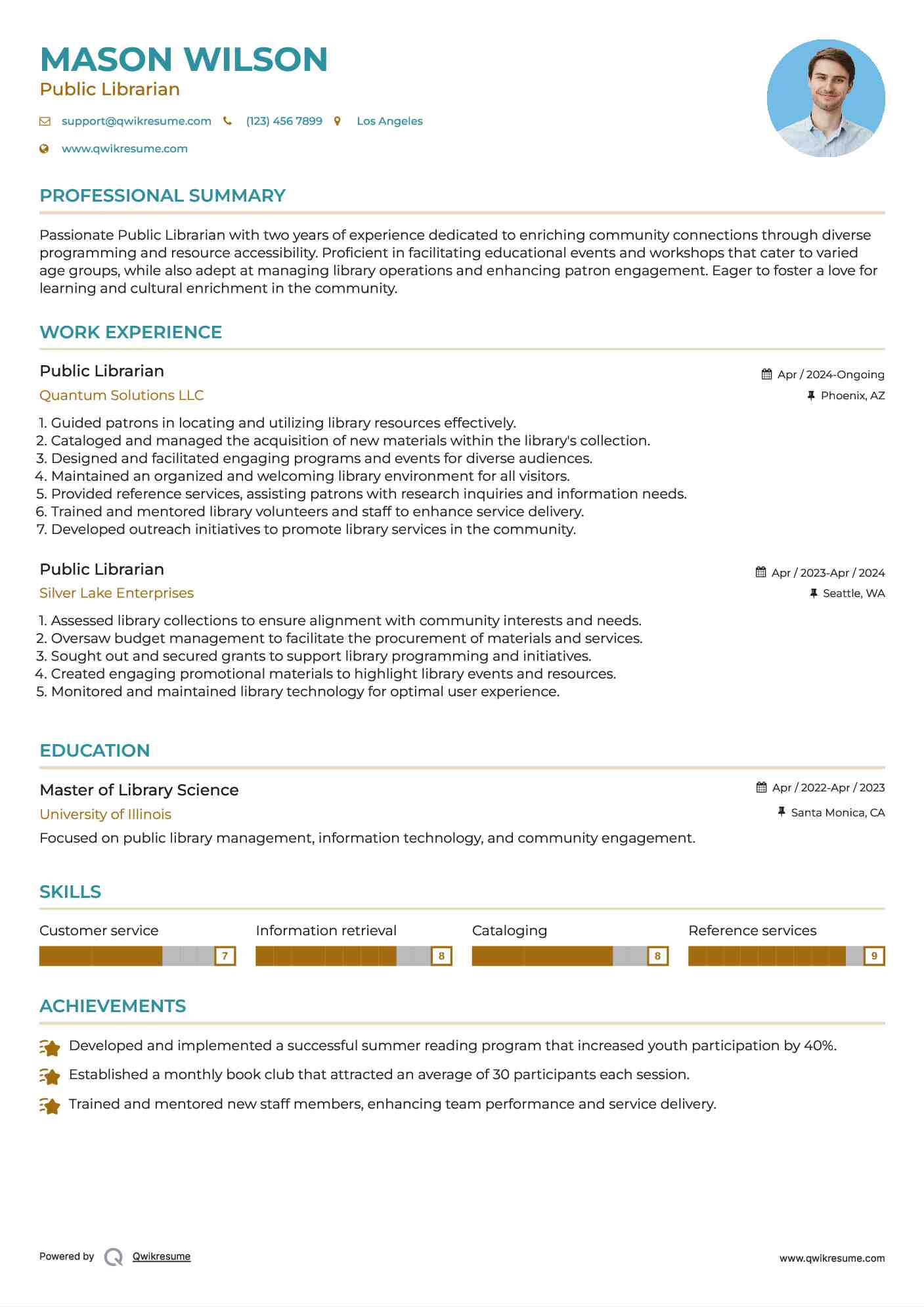 Public Librarian Resume Example