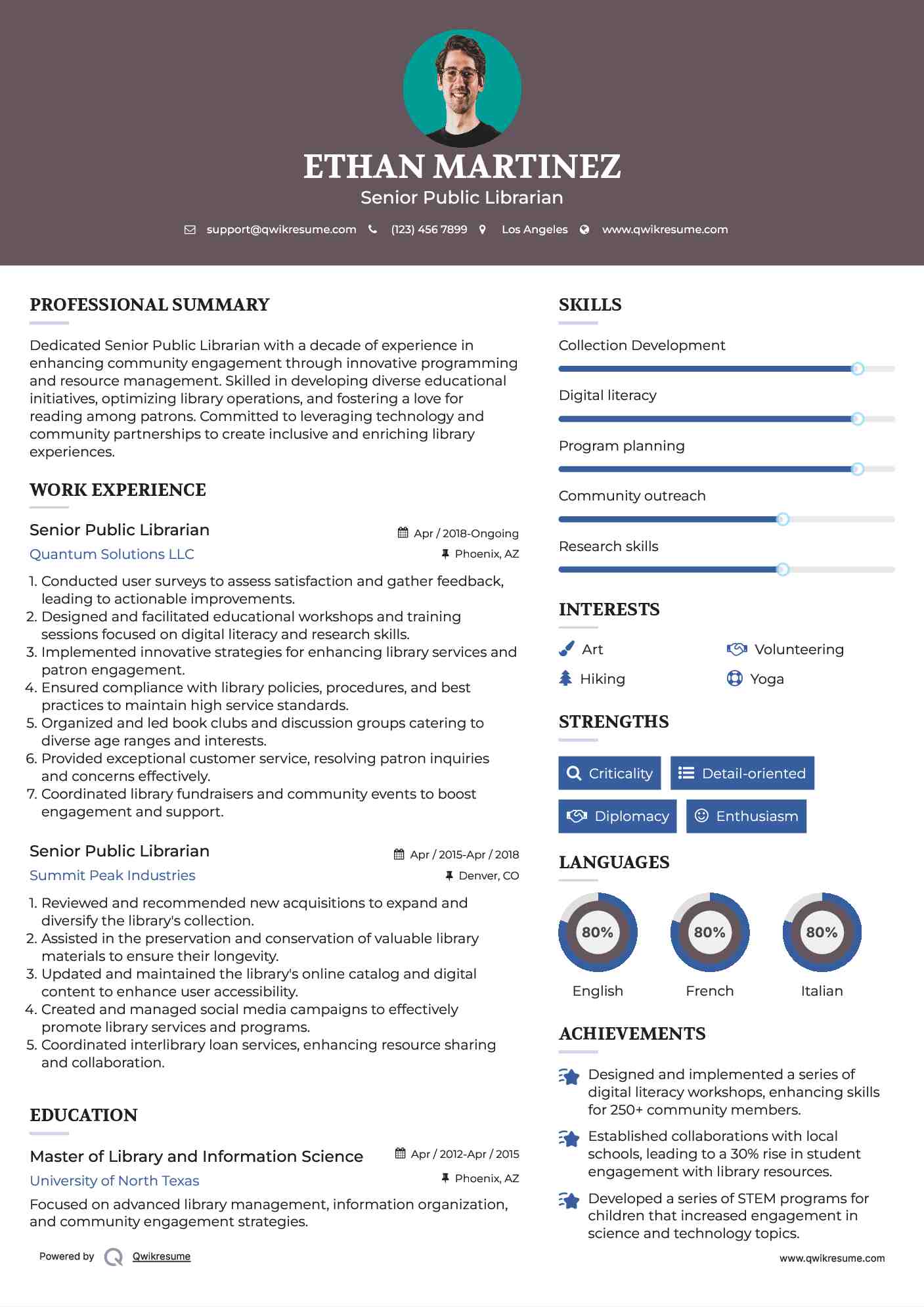 Senior Public Librarian Resume Sample