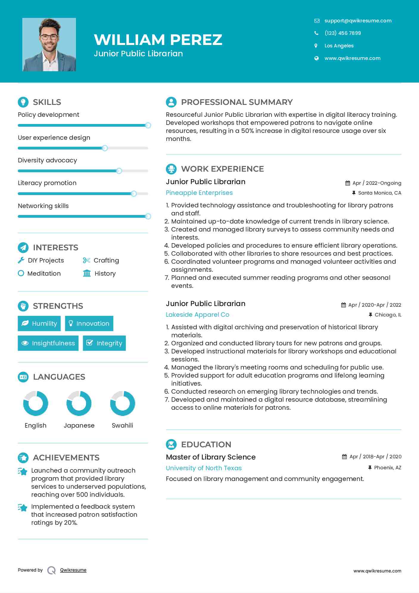 Junior Public Librarian Resume Sample