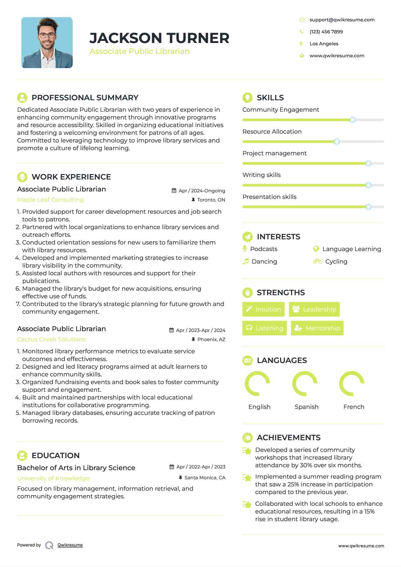 Associate Public Librarian Resume Model