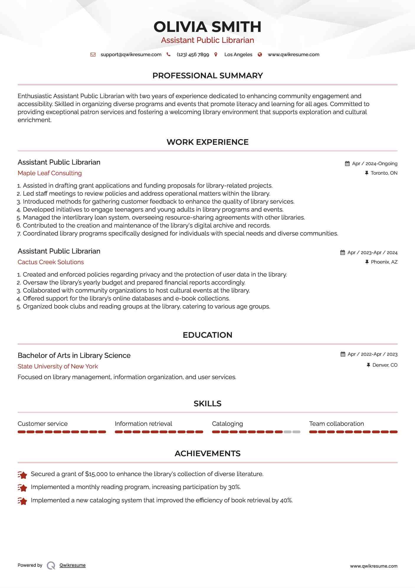 Assistant Public Librarian Resume Template