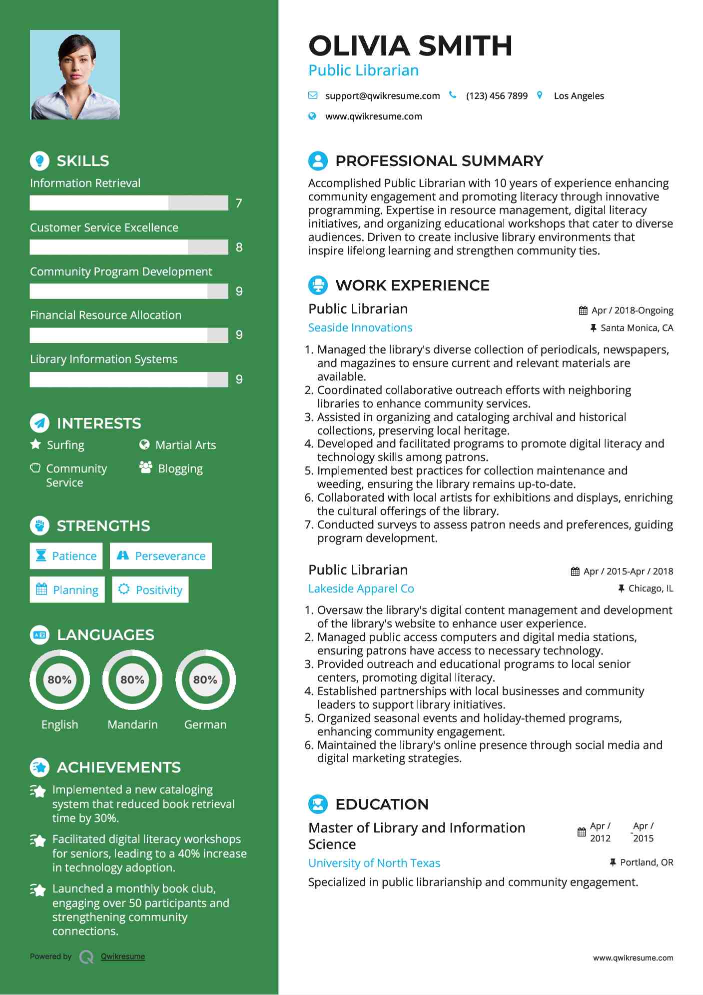 Public Librarian Resume Model