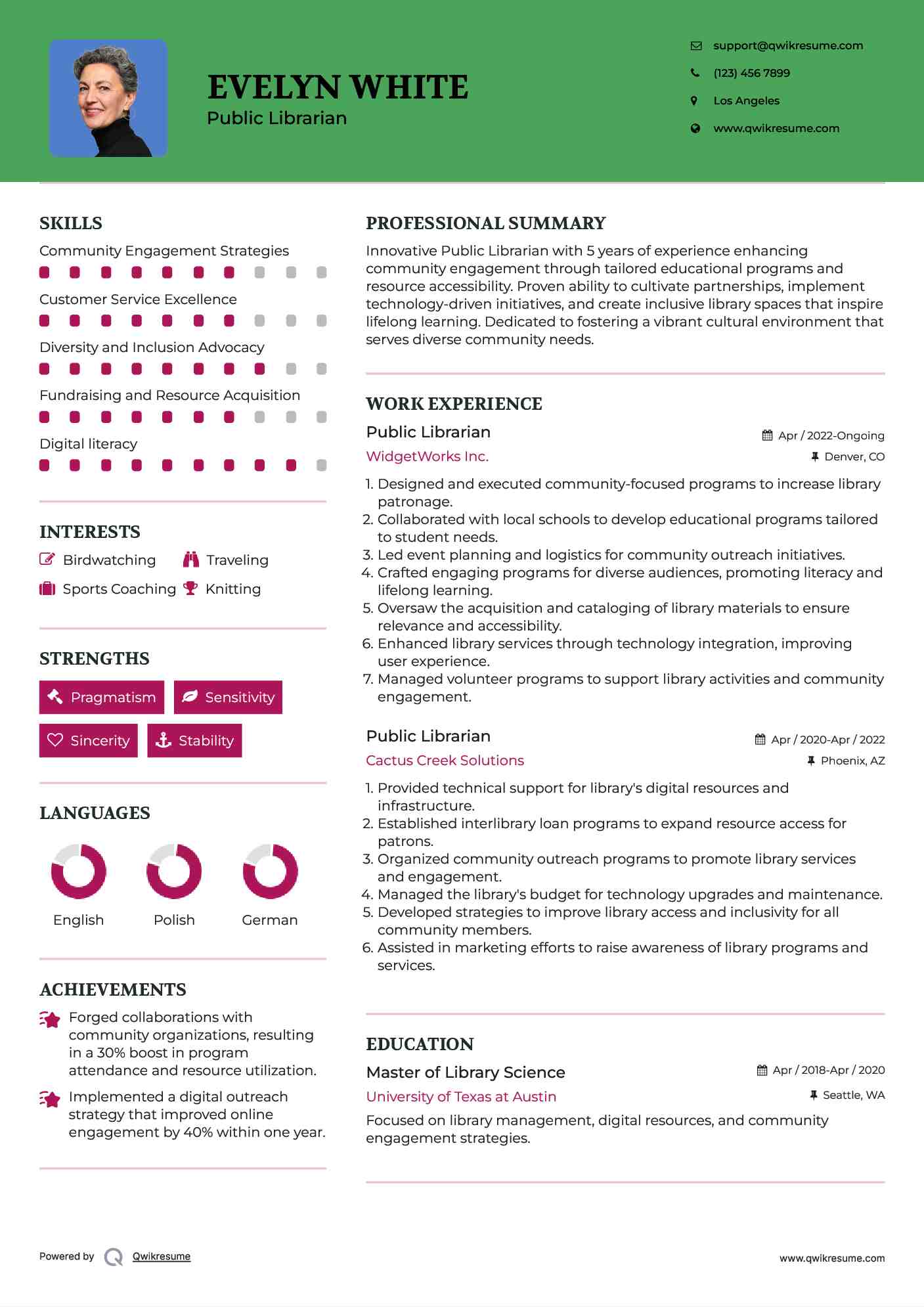 Public Librarian Resume Sample