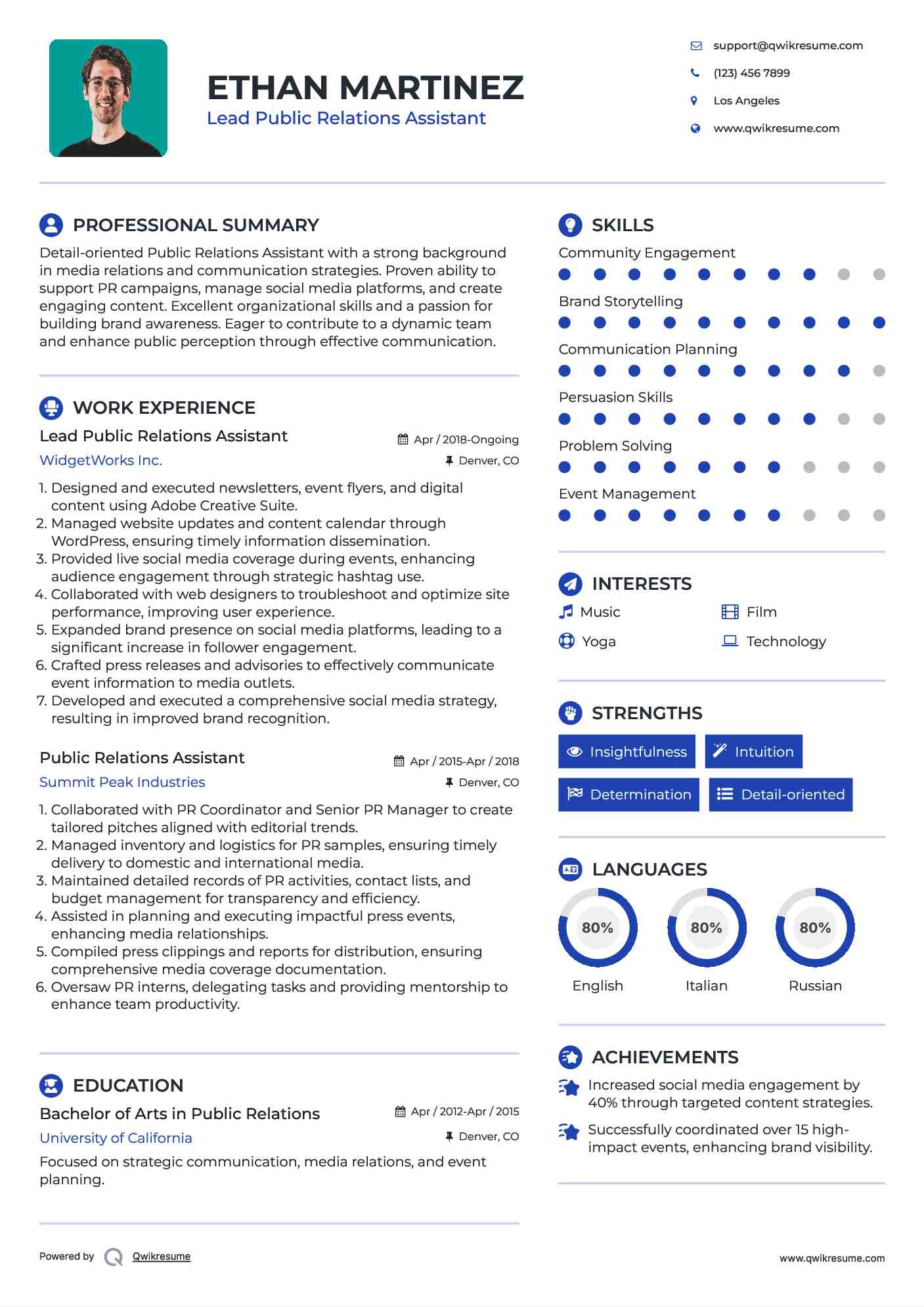 Lead Public Relations Assistant Resume Example