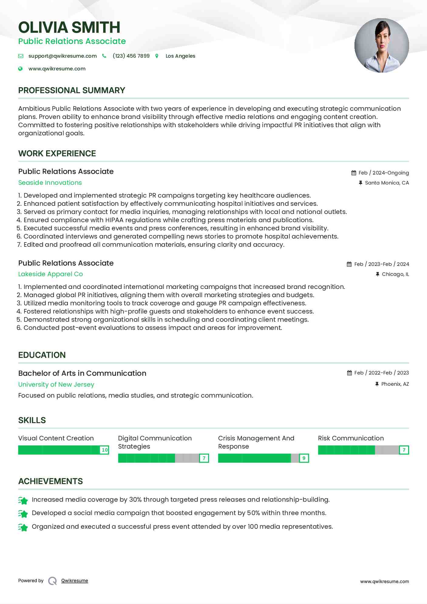 Public Relations Associate Resume Sample