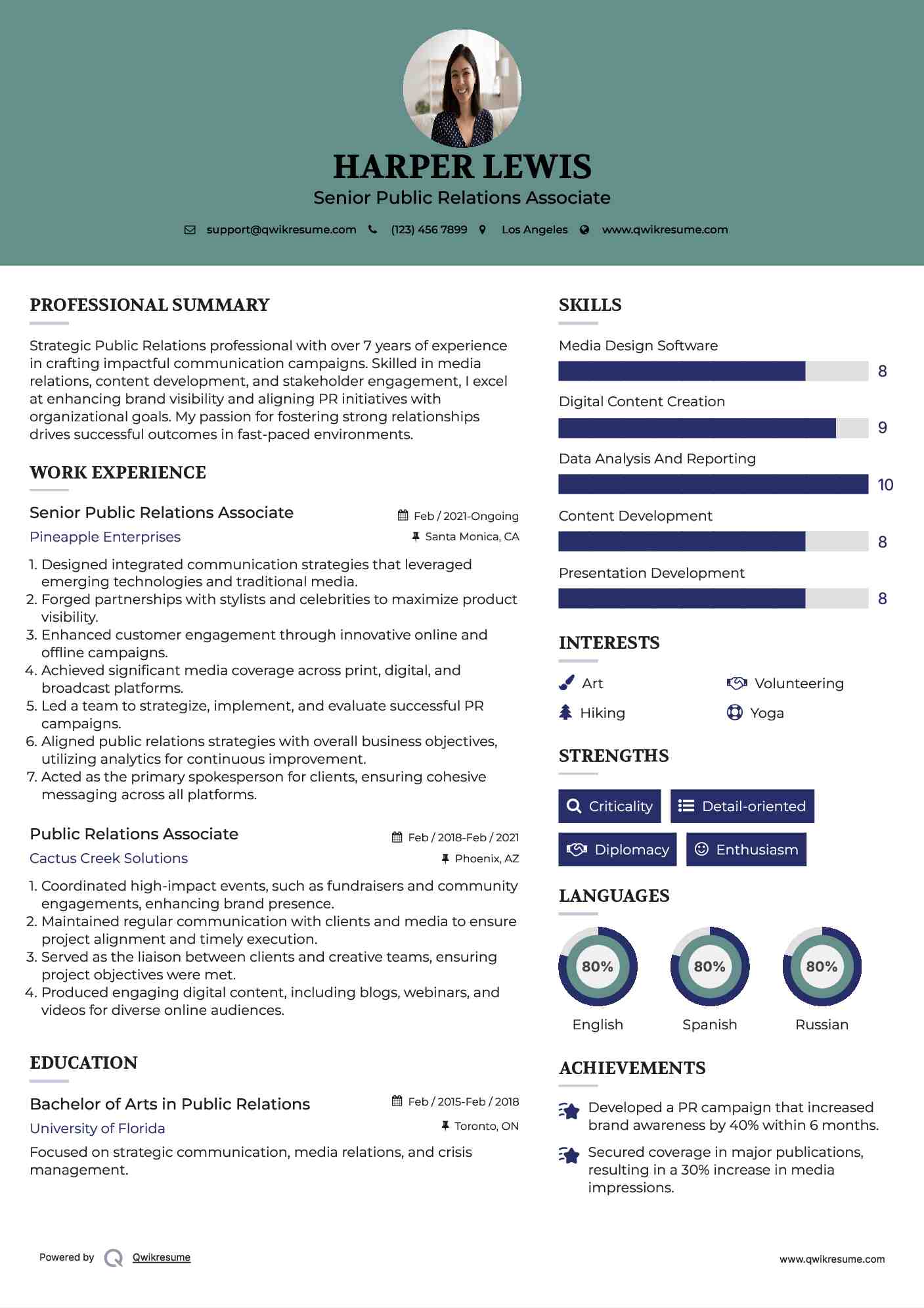 Senior Public Relations Associate Resume Example