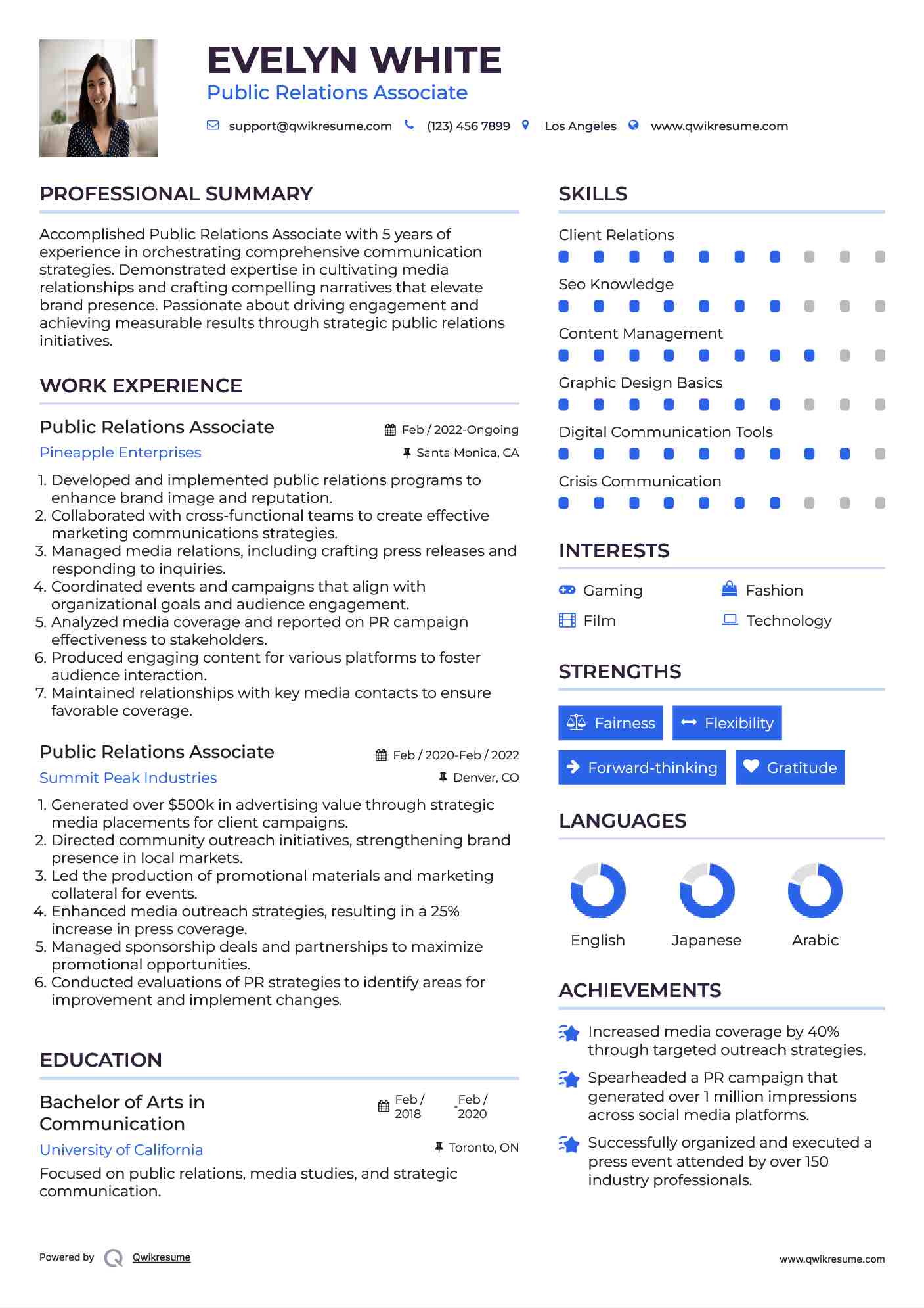 Public Relations Associate Resume Example