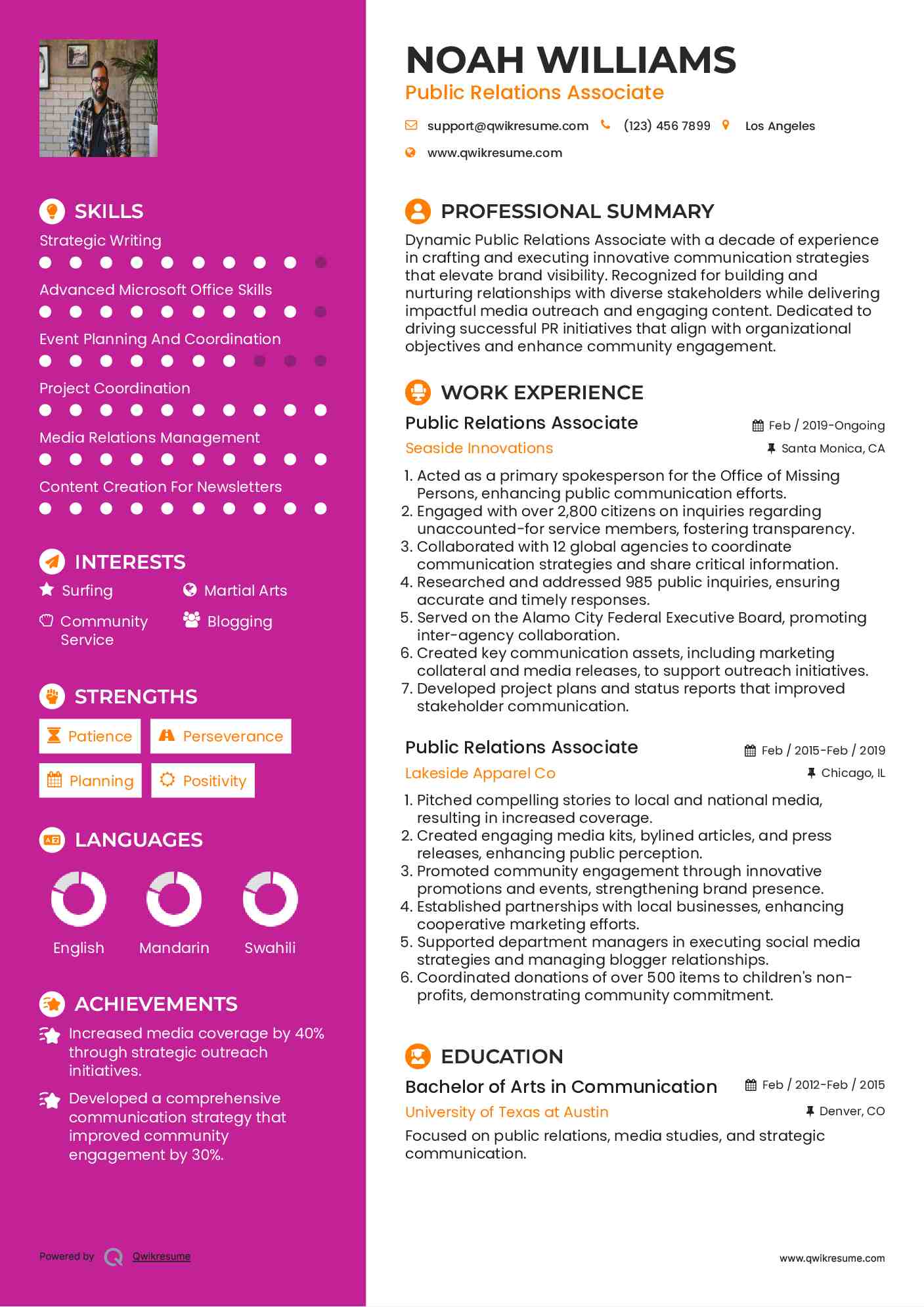 Public Relations Associate Resume Example