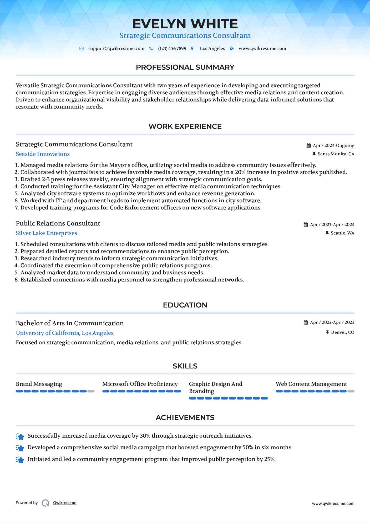 Strategic Communications Consultant Resume Sample