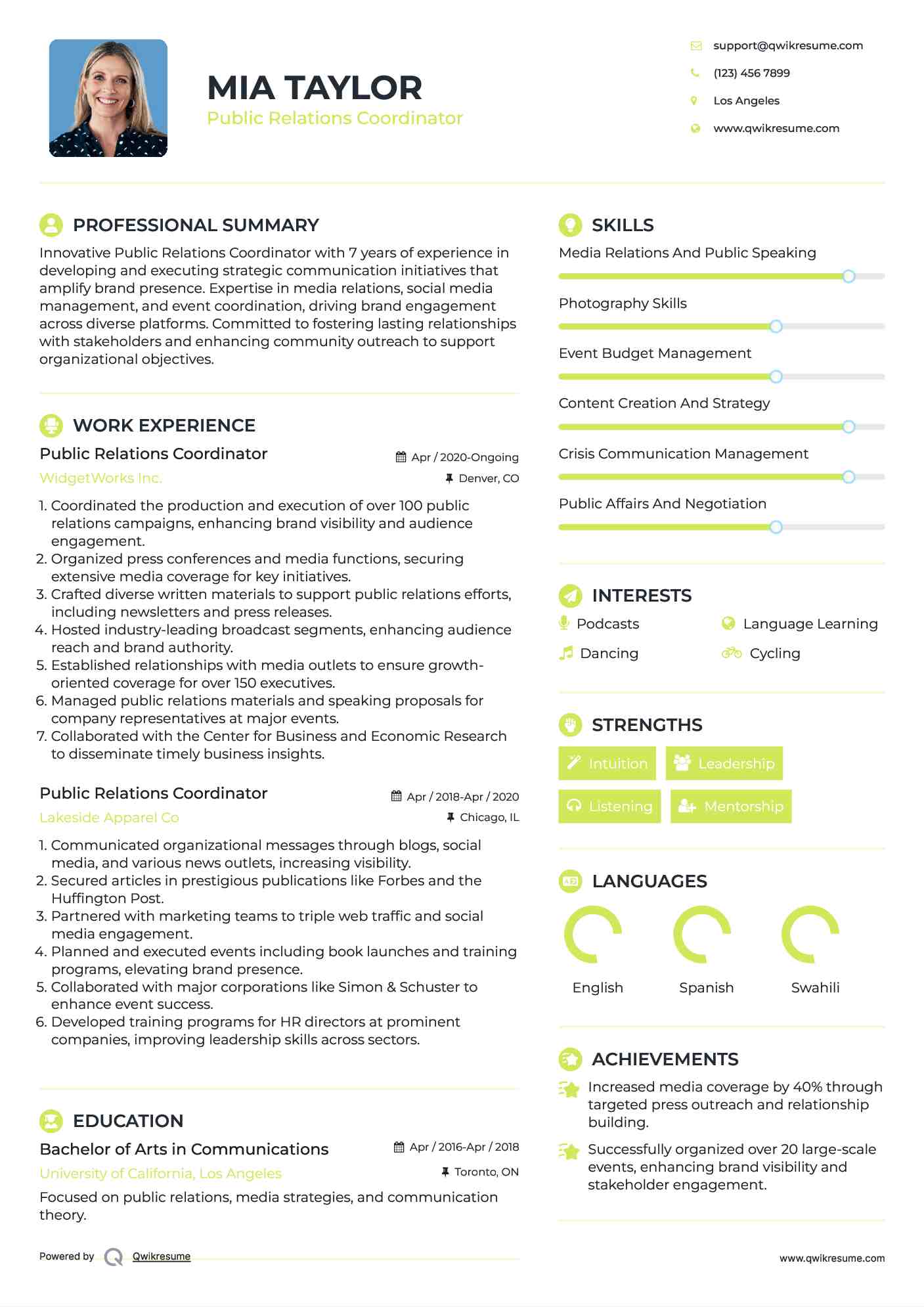 Public Relations Coordinator Resume Example