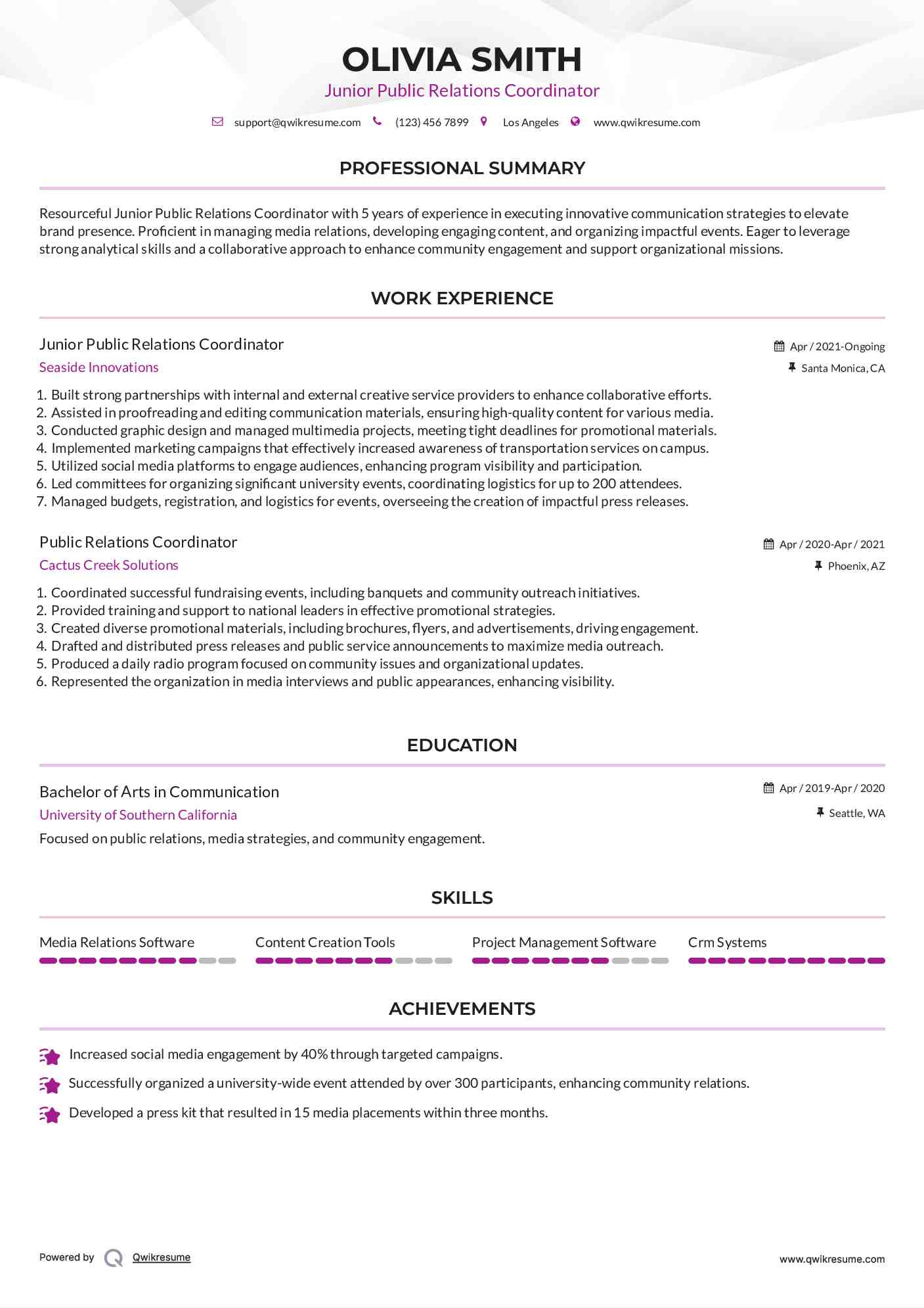 Junior Public Relations Coordinator Resume Sample