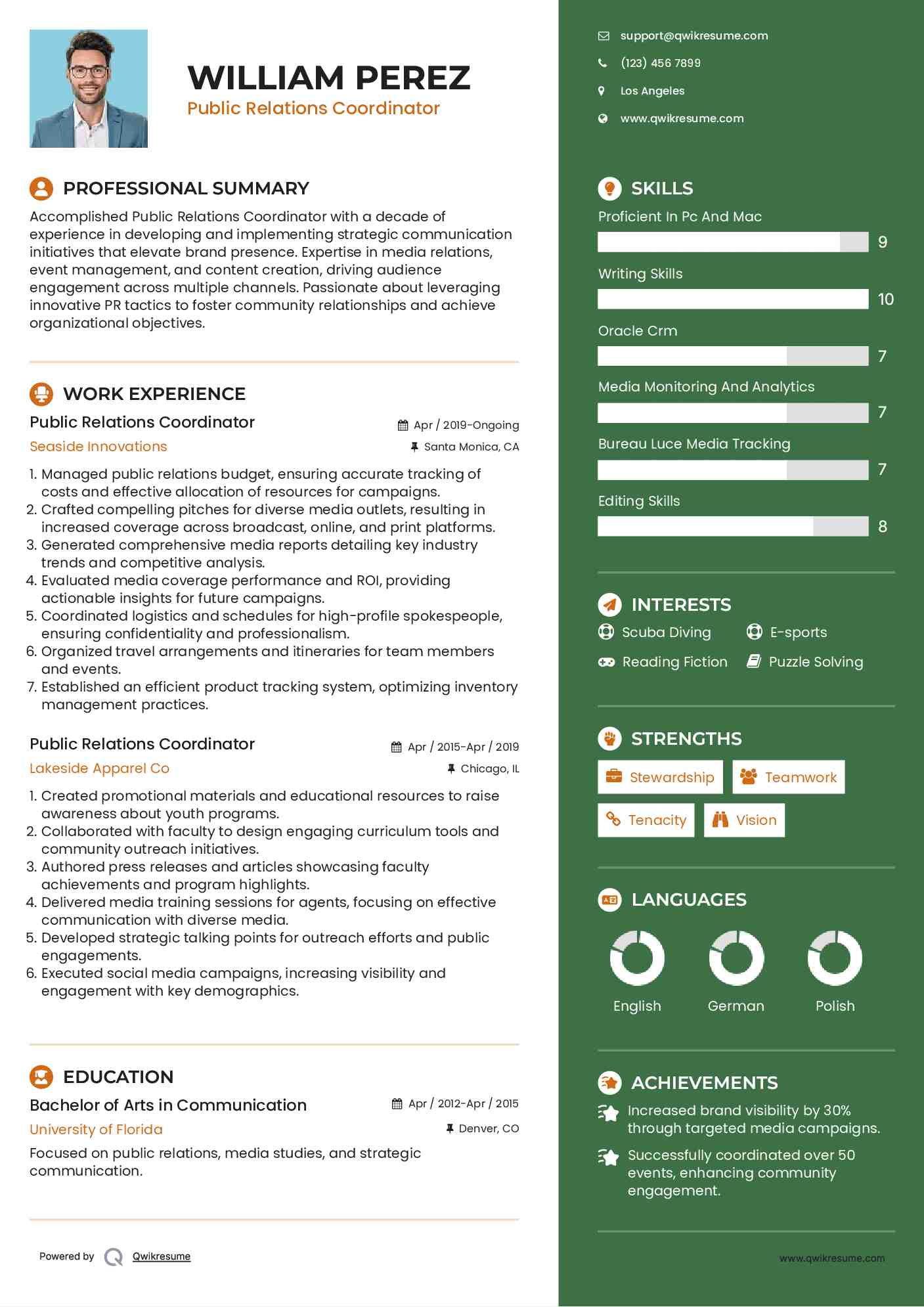 Public Relations Coordinator Resume Sample