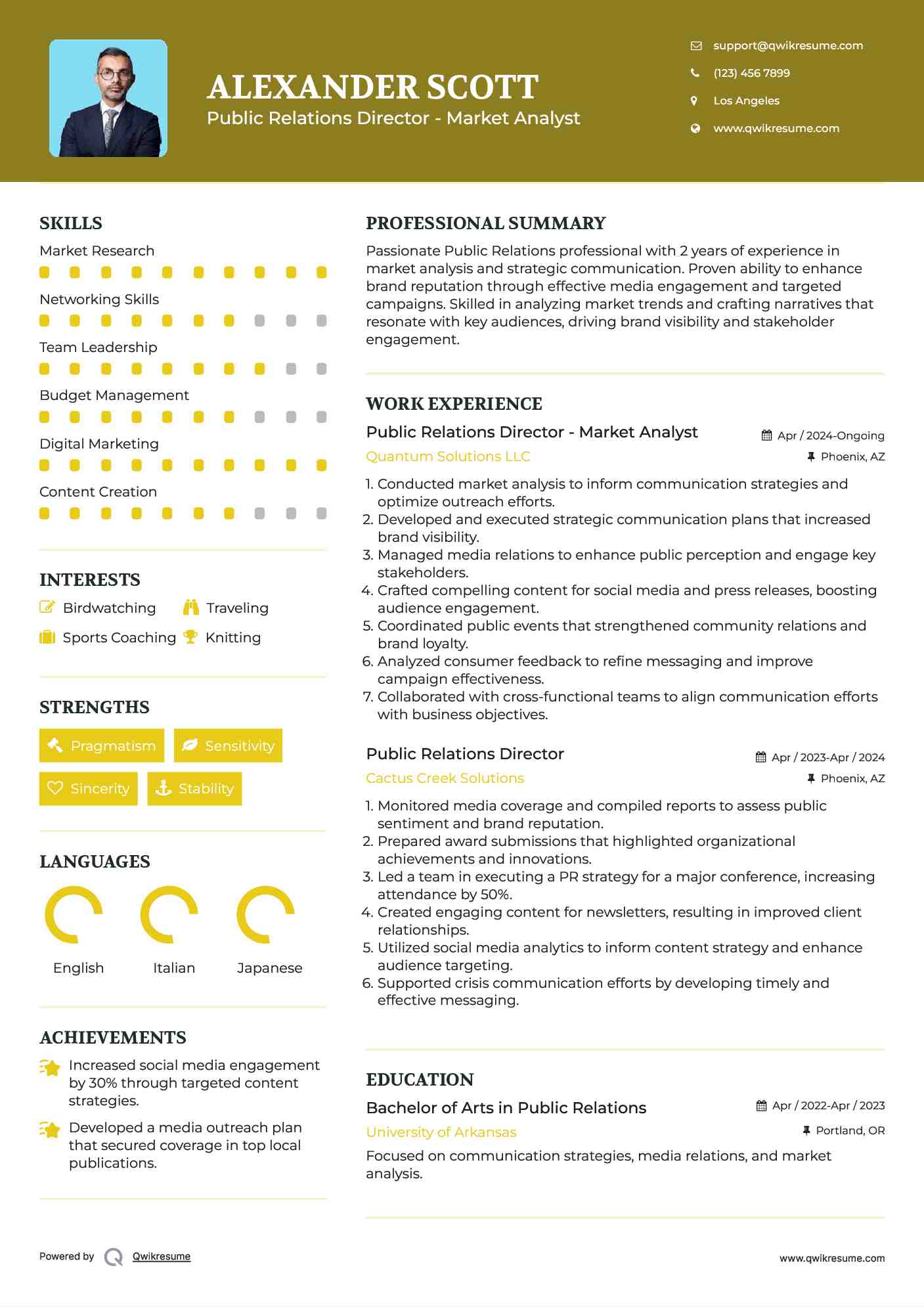 Public Relations Director - Market Analyst Resume Example