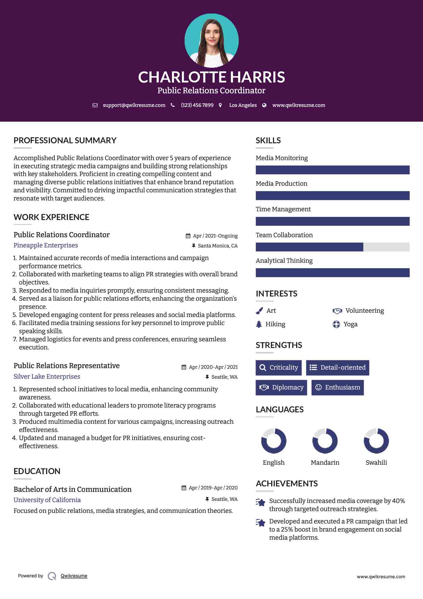 Public Relations Coordinator Resume Sample