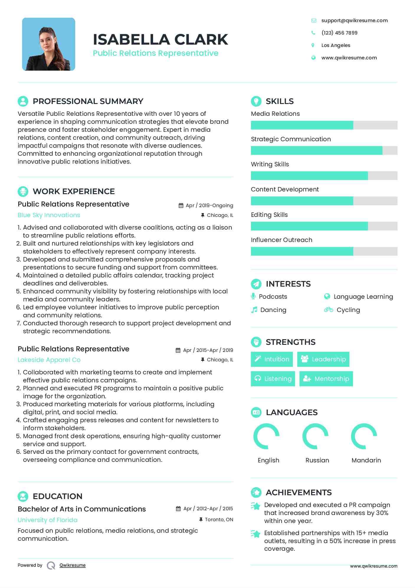 Public Relations Representative Resume Sample