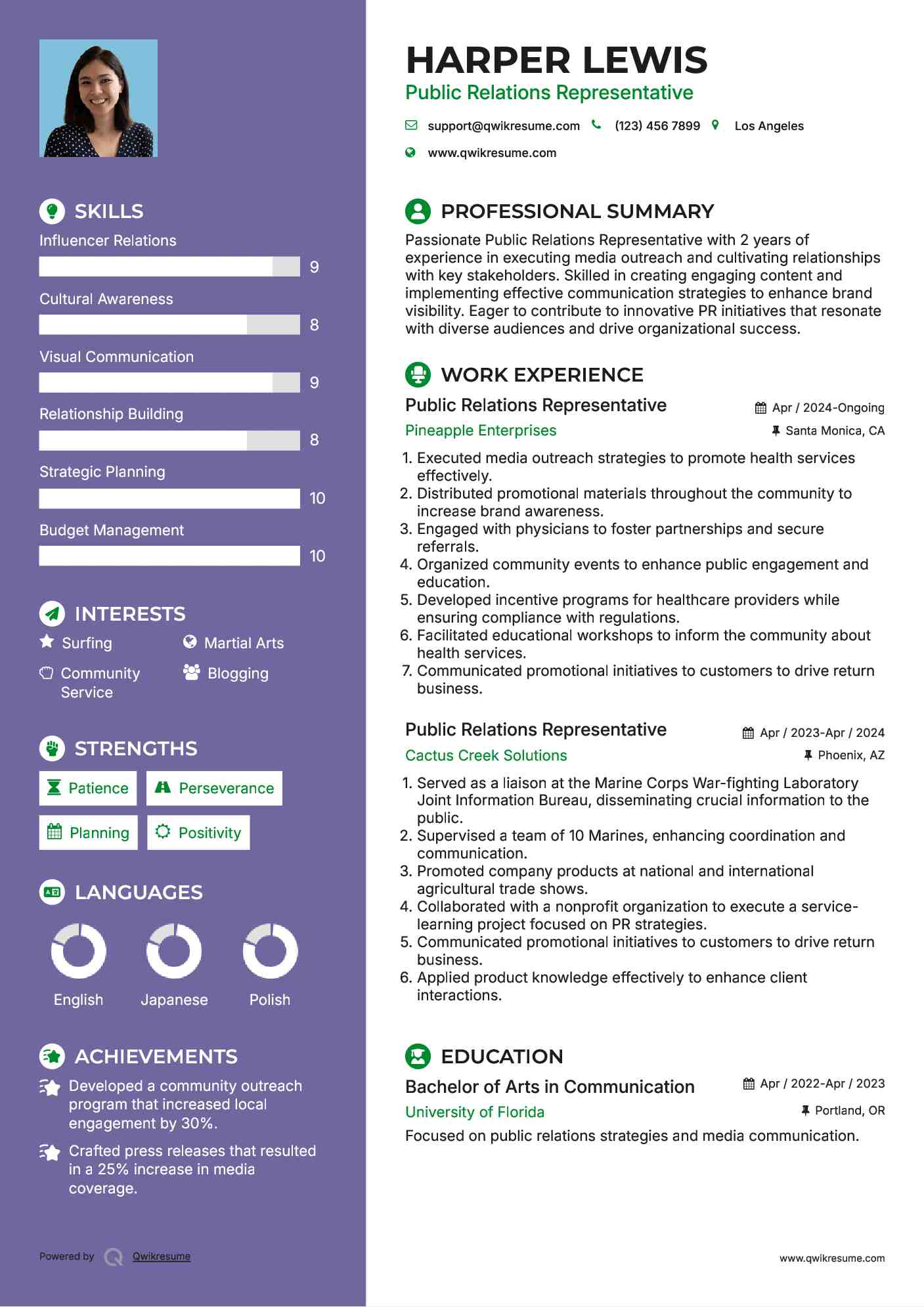 Public Relations Representative Resume Template