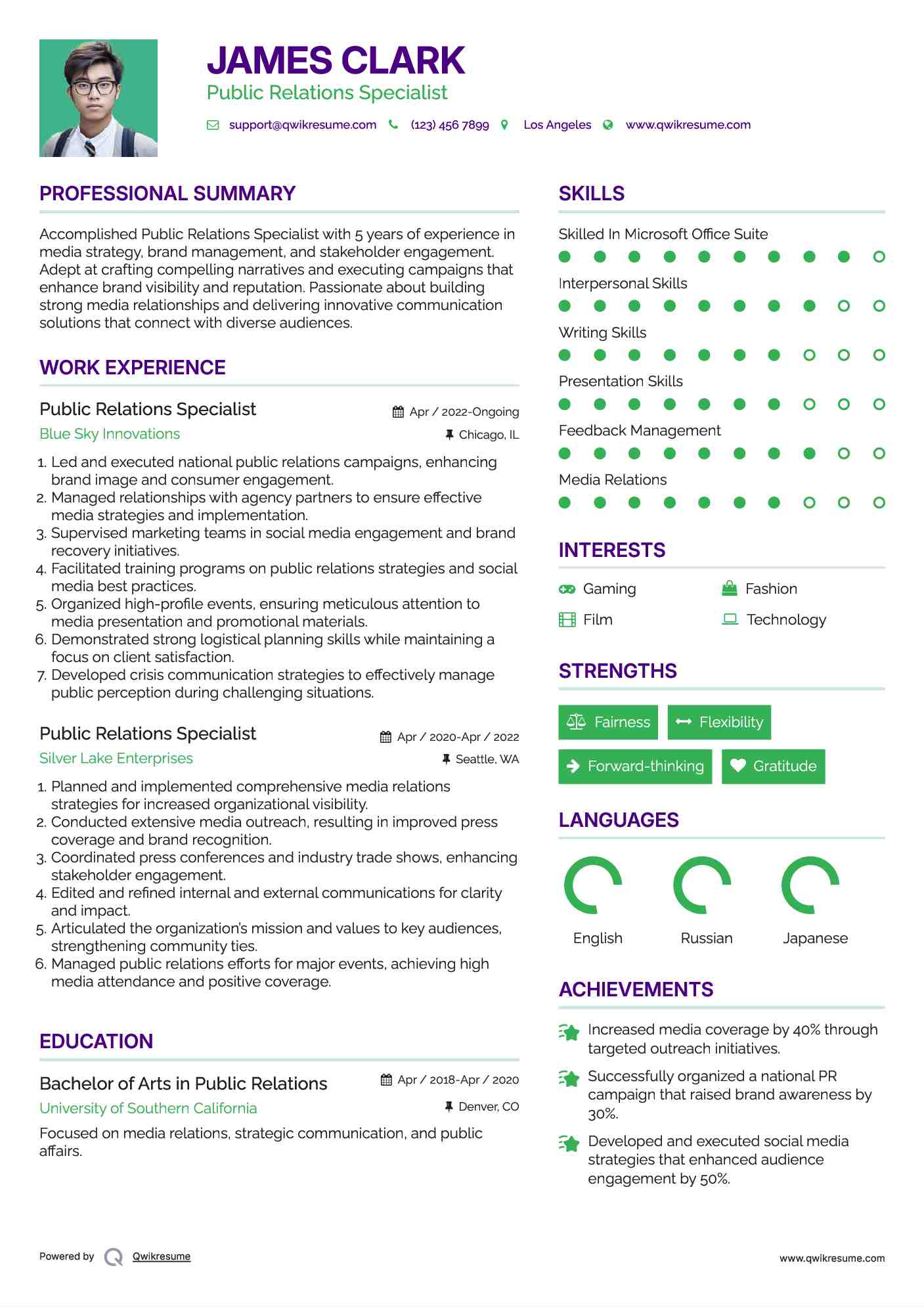 Public Relations Specialist Resume Sample