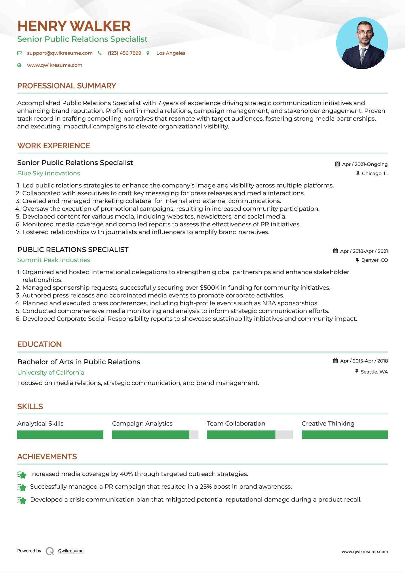Senior Public Relations Specialist  Resume Sample