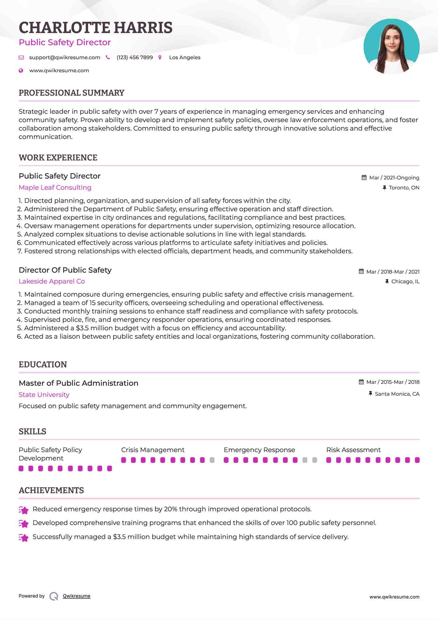 Public Safety Director Resume Format