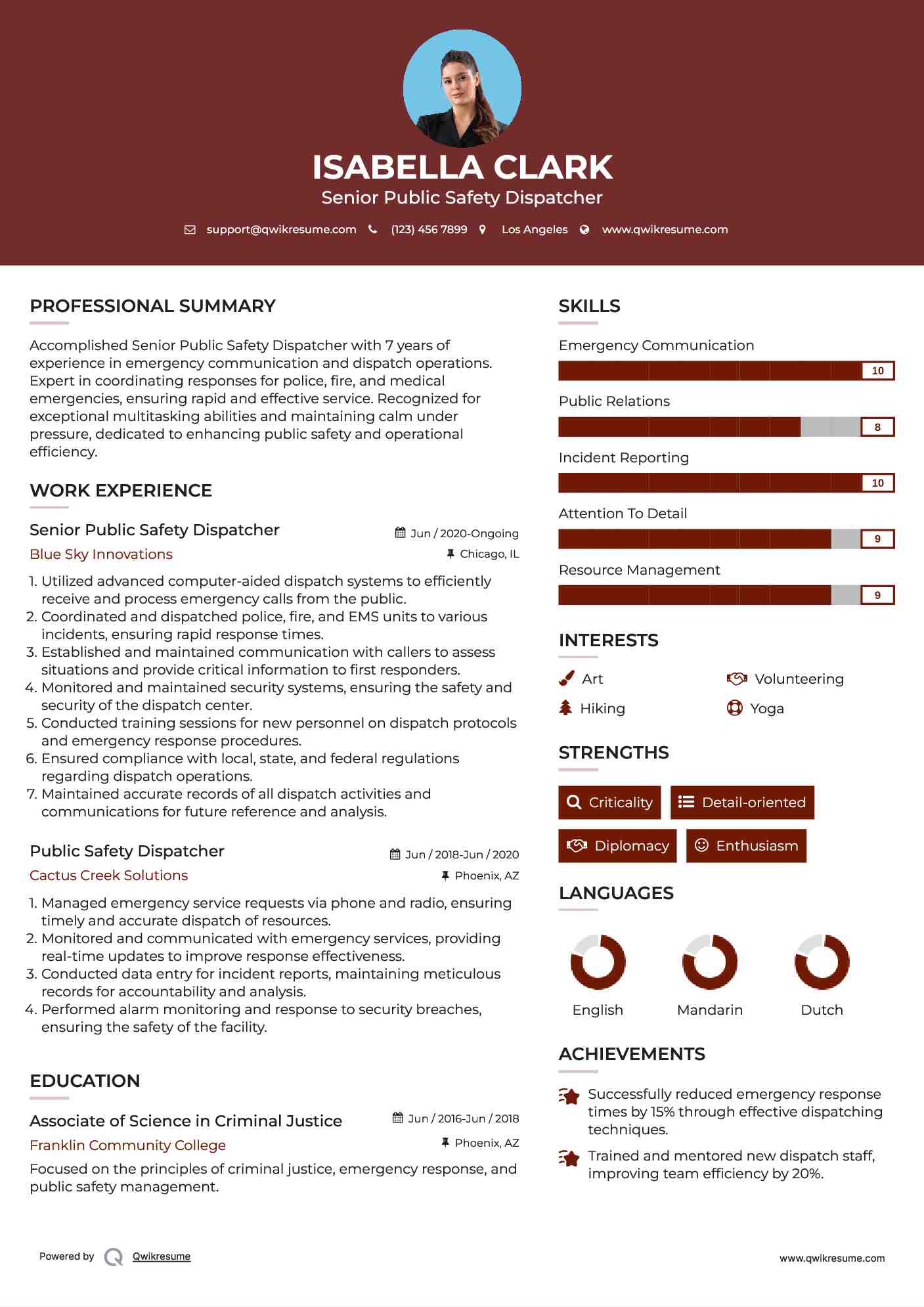 Senior Public Safety Dispatcher Resume Sample