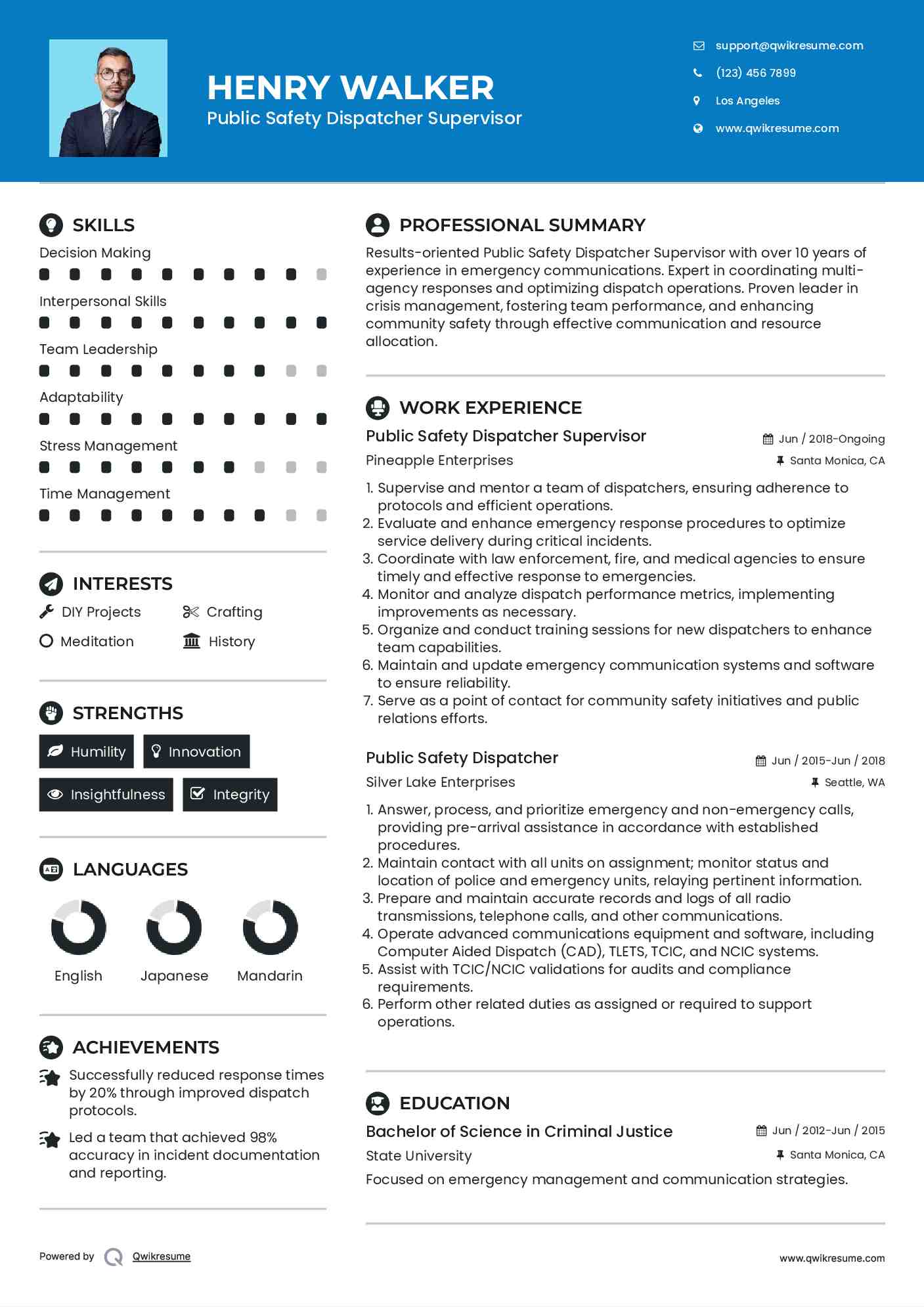 Public Safety Dispatcher Supervisor Resume Model