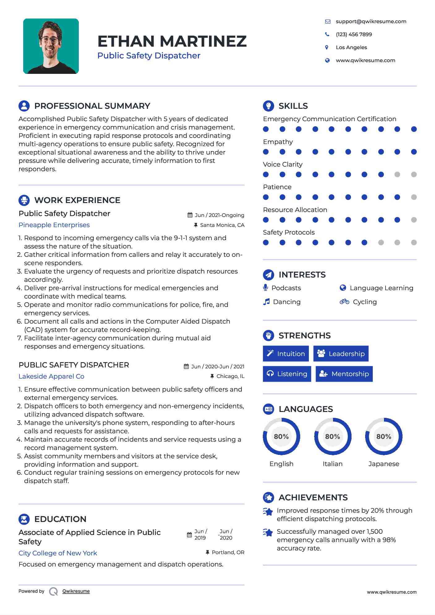 Public Safety Dispatcher Resume Sample