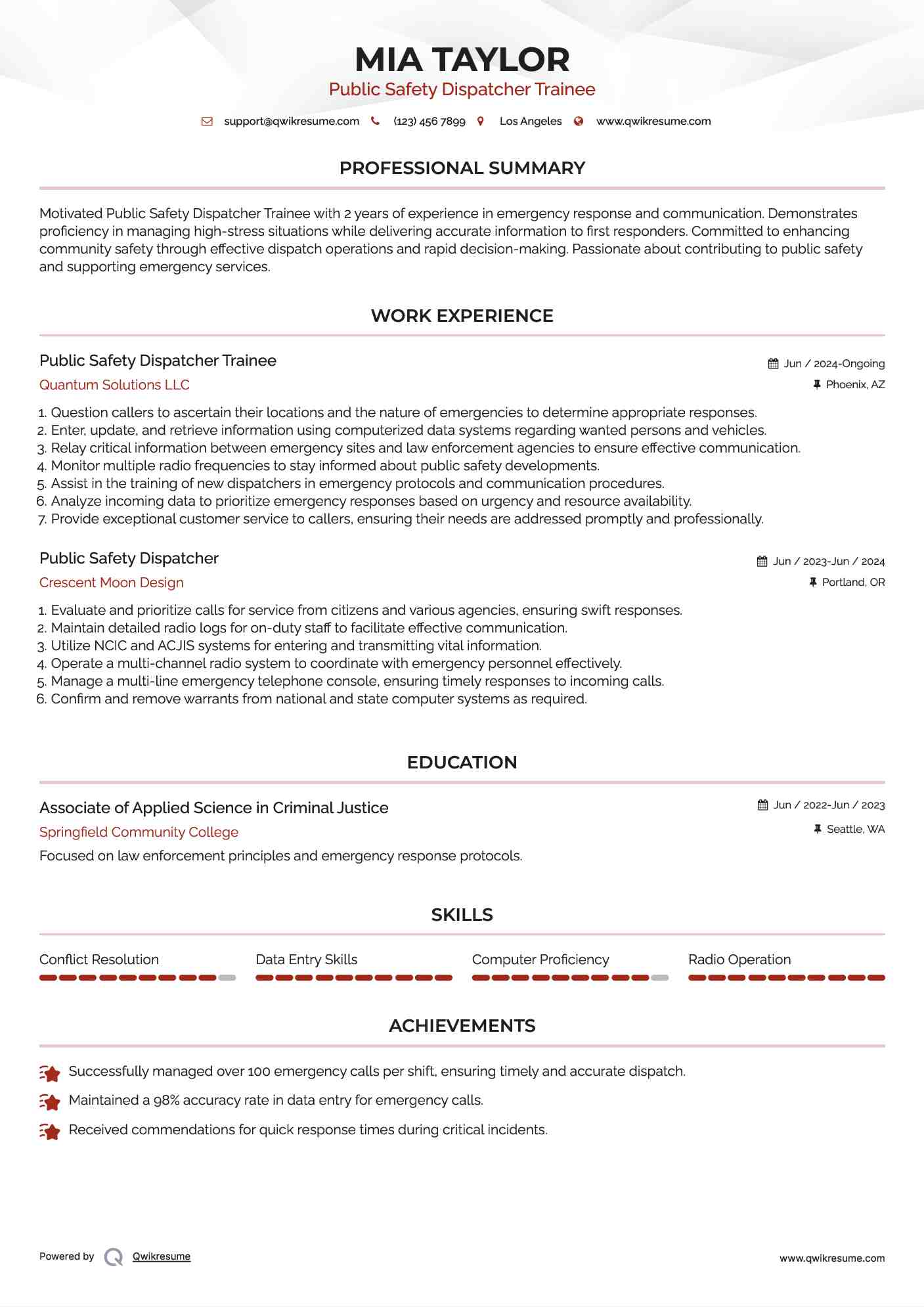 Public Safety Dispatcher Trainee Resume Example