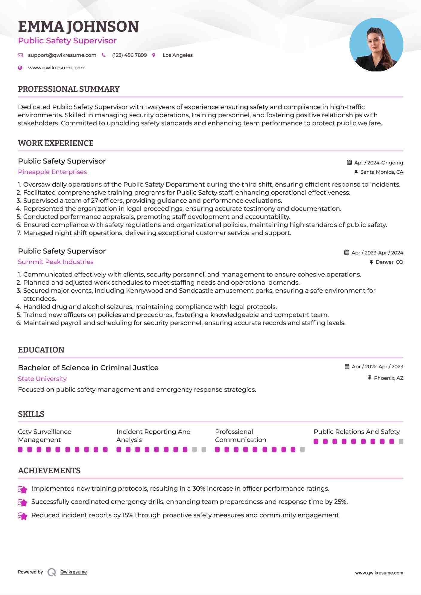 Public Safety Supervisor Resume Model