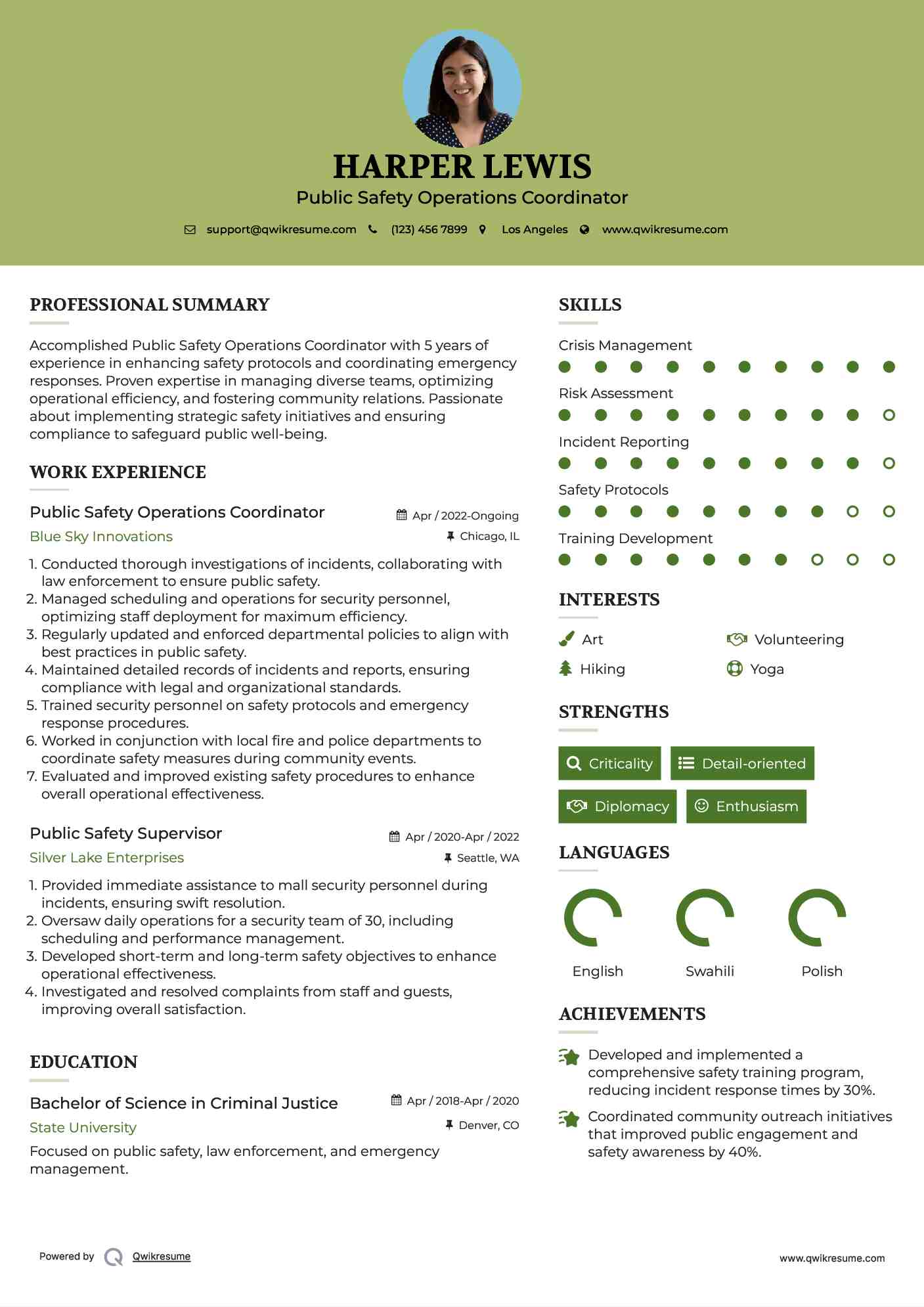 Public Safety Operations Coordinator Resume Format