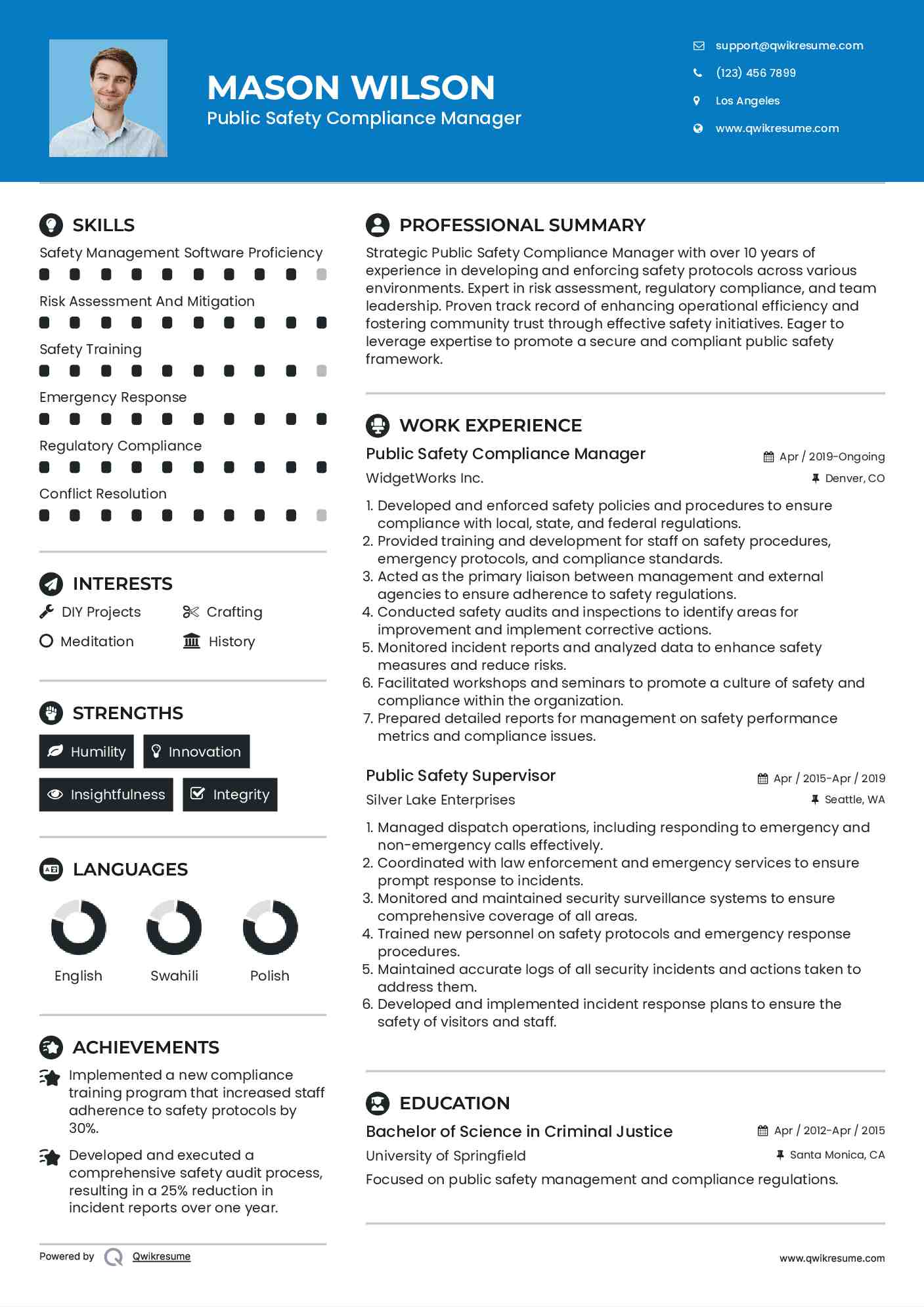 Public Safety Compliance Manager Resume Template