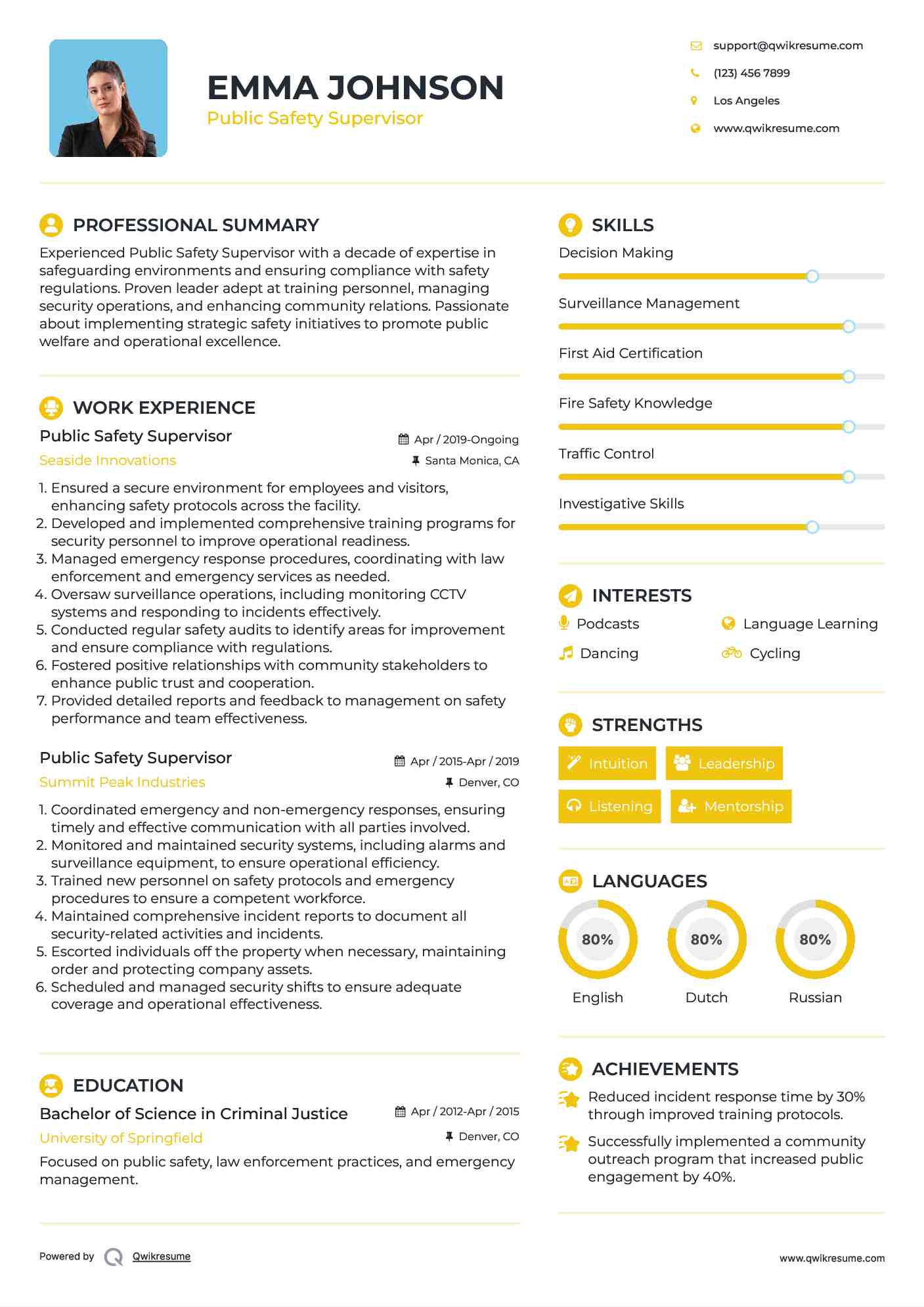 Public Safety Supervisor Resume Model