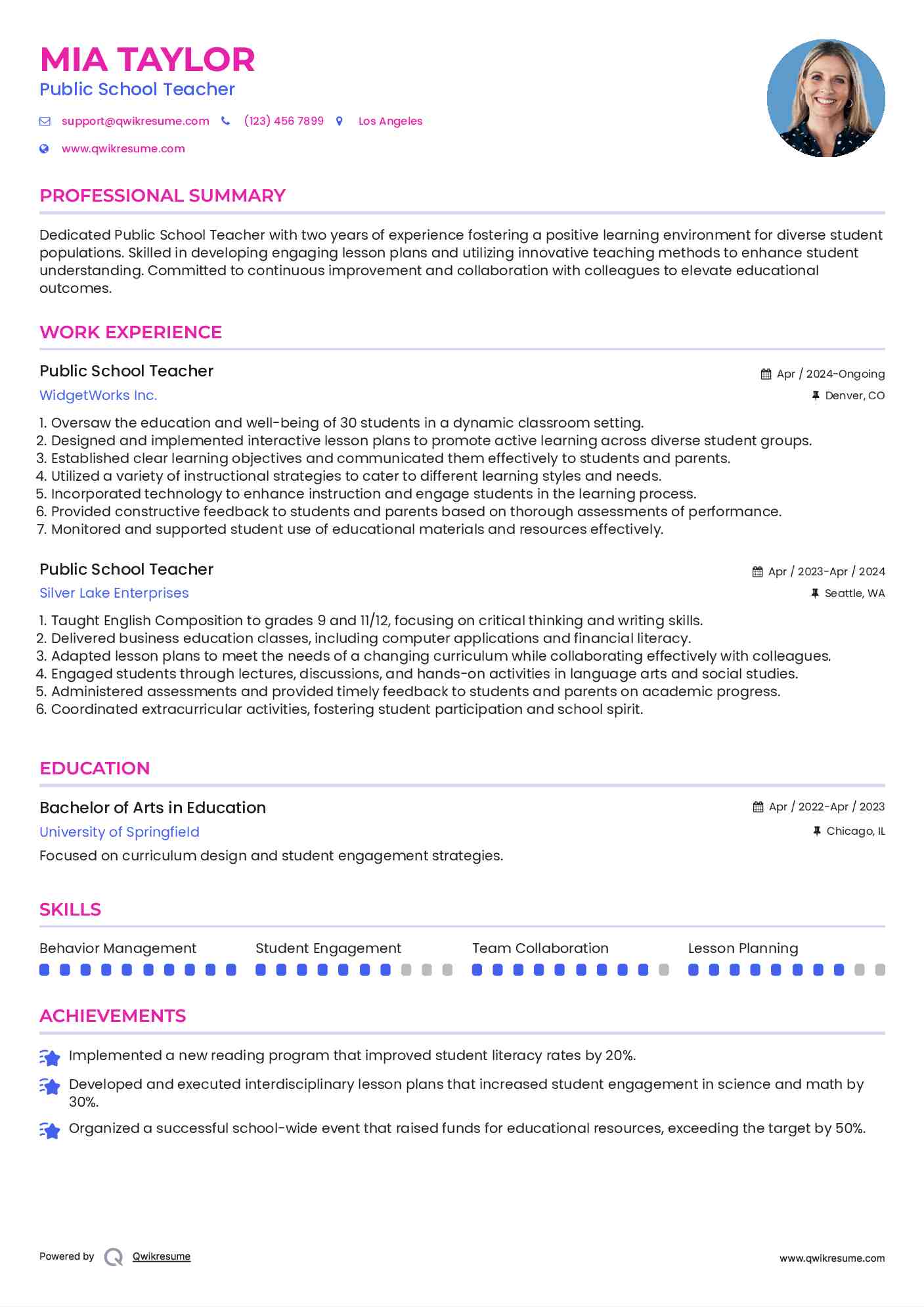 Public School Teacher Resume Template