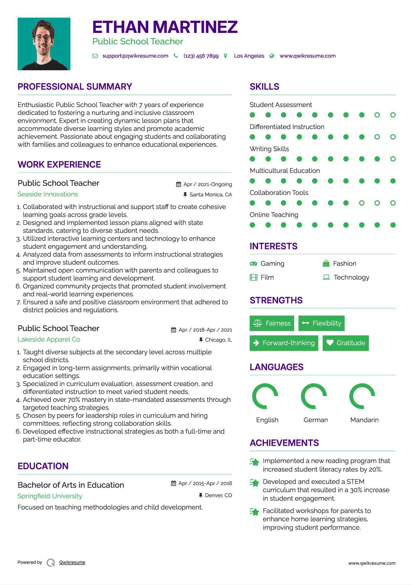 Public School Teacher Resume Model