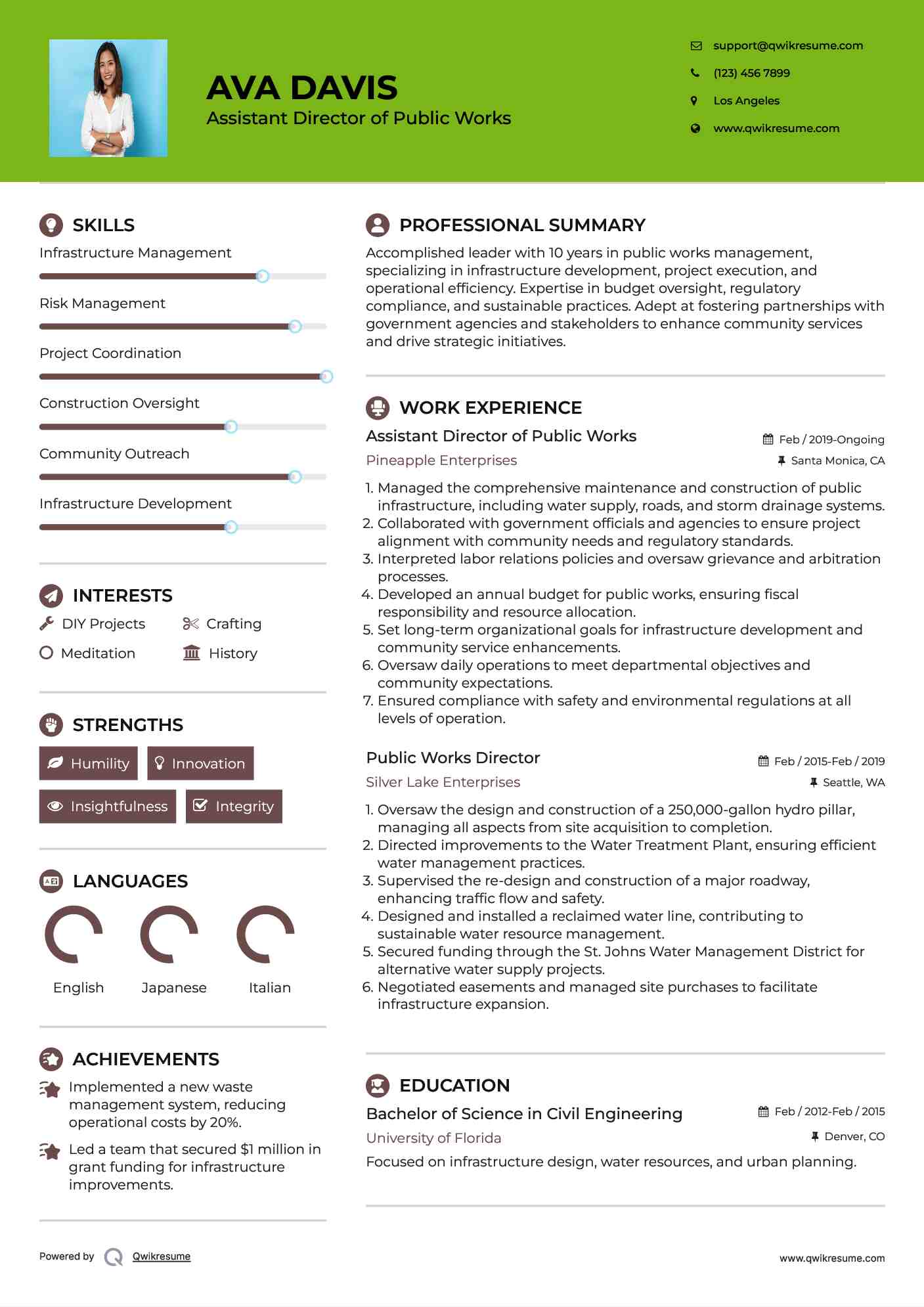 Assistant Director of Public Works Resume Example