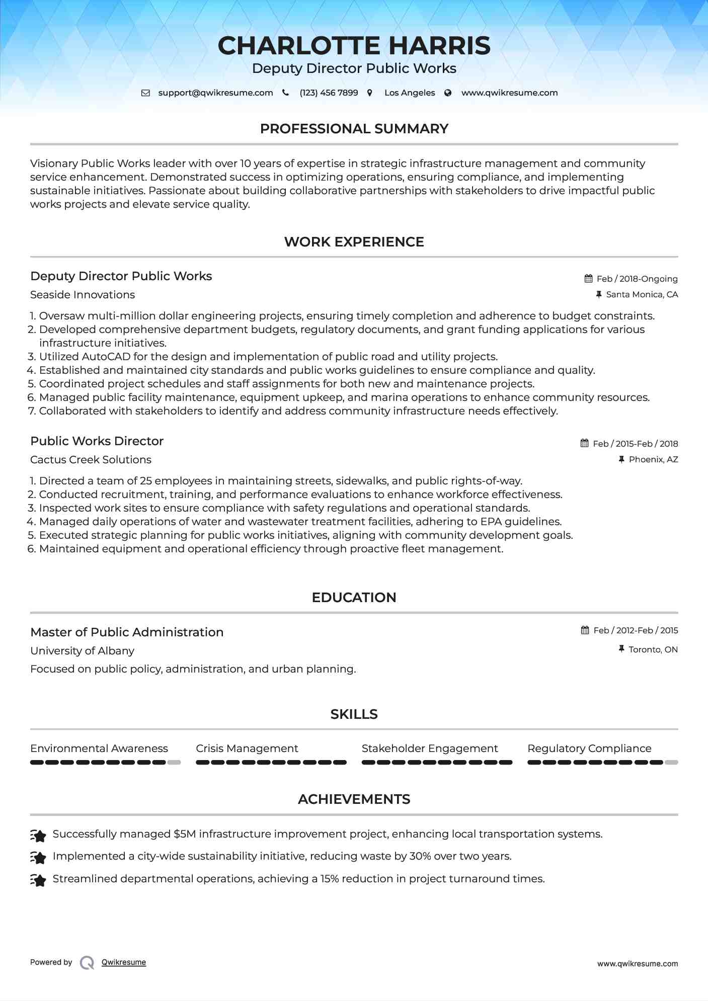 Deputy Director Public Works Resume Sample